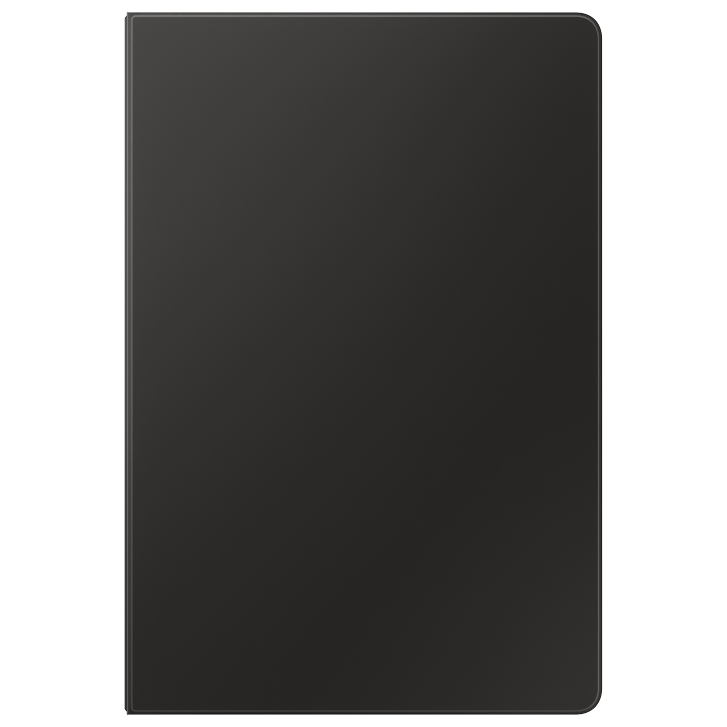 Zwarte tablet met afgeronde hoeken, scherm naar voren. Zwarte achtergrond.