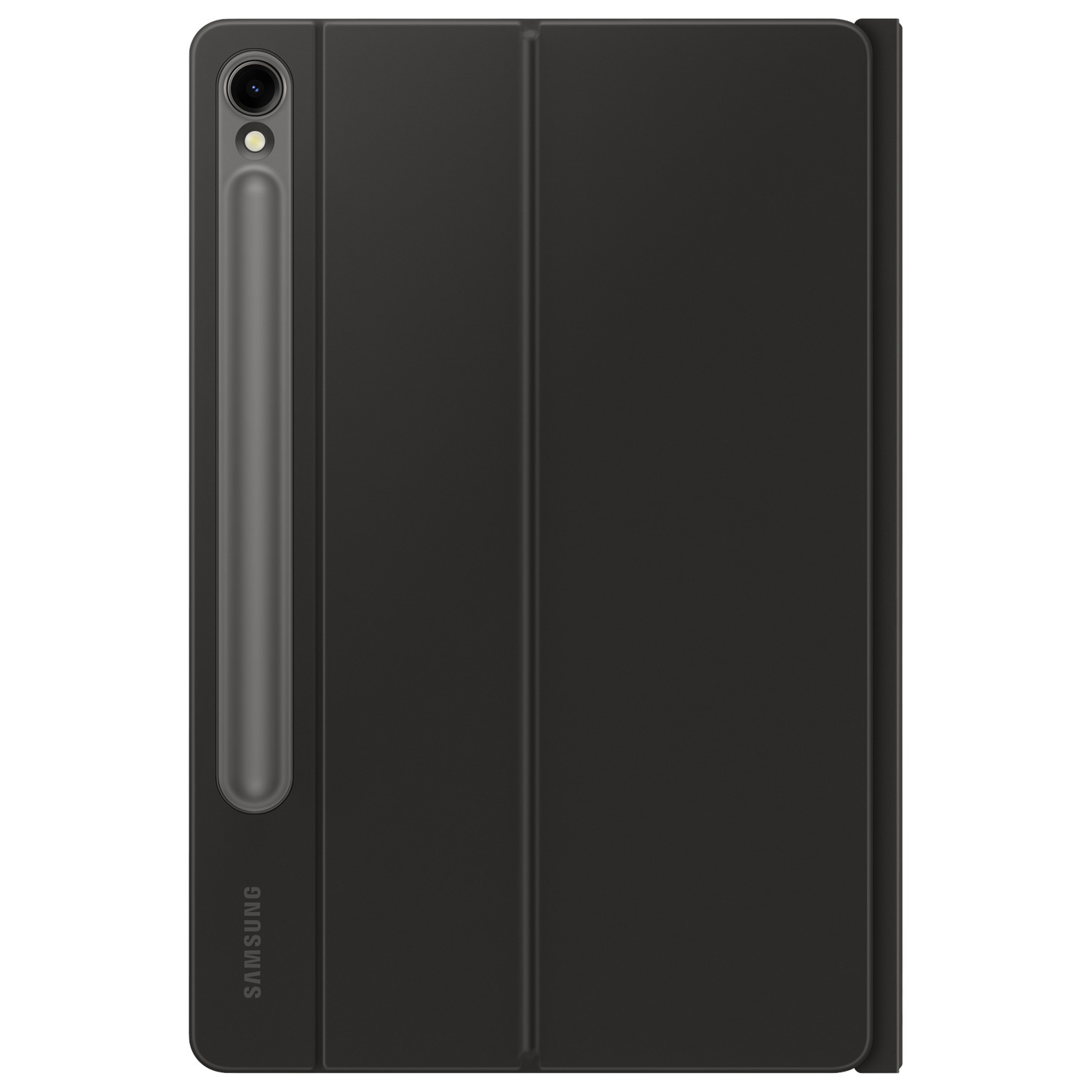 Zwarte tablethoes, gesloten. Stylus sleuf aan de zijkant. Zwarte achtergrond.