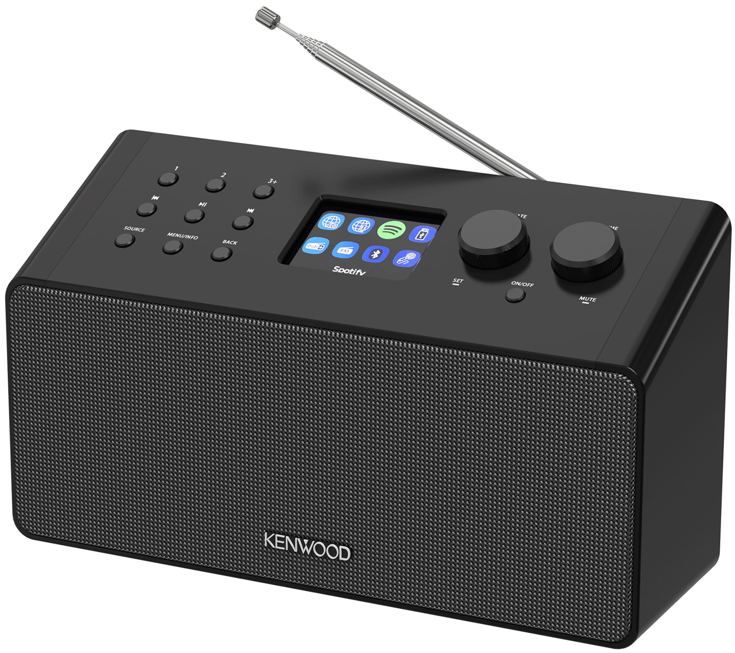 Ein schwarzes Kenwood-Radio mit Bildschirm, Knöpfen und Antenne.