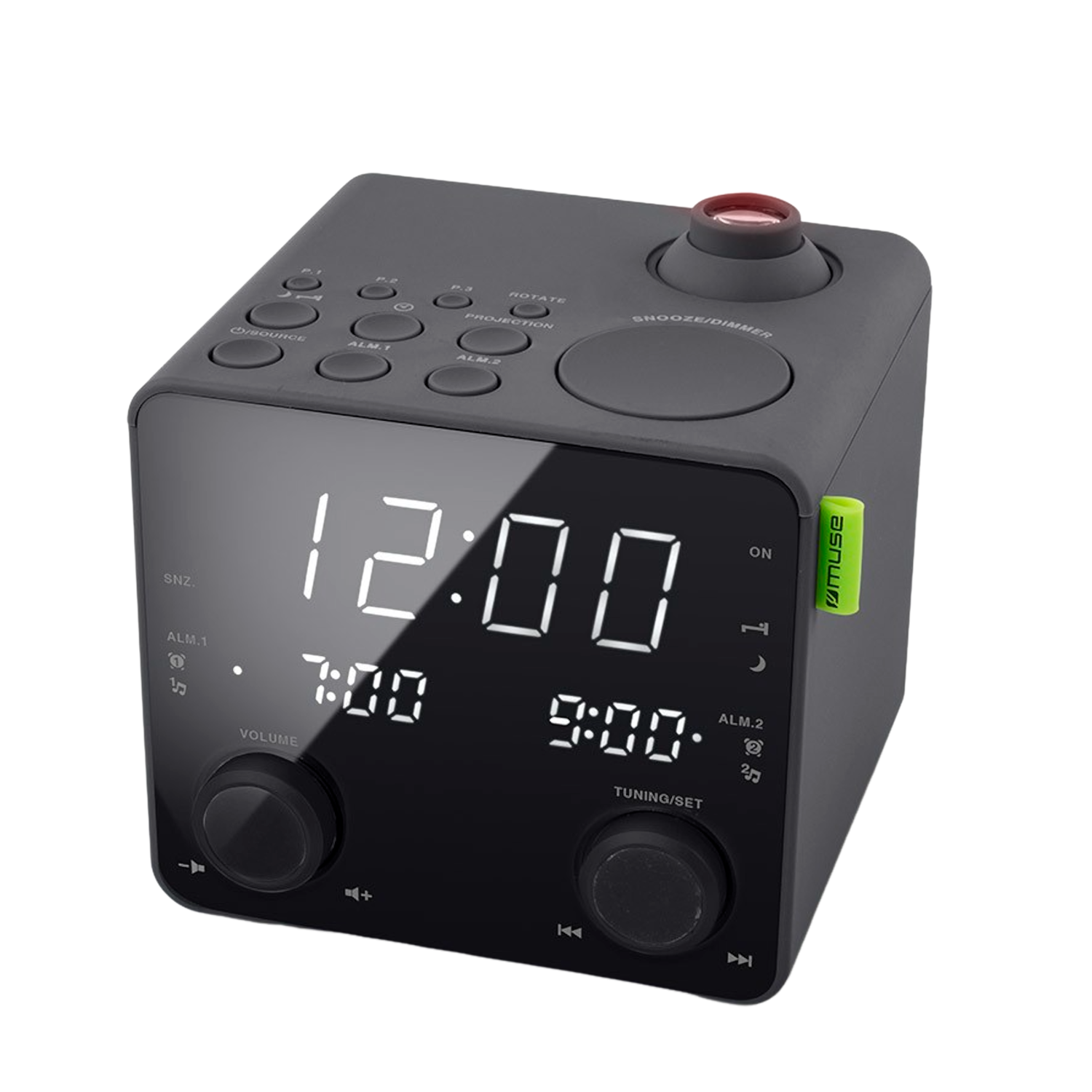Czarny, sześcienny budzik wyświetlający 12:00, 7:00 i 9:00, z przyciskami.