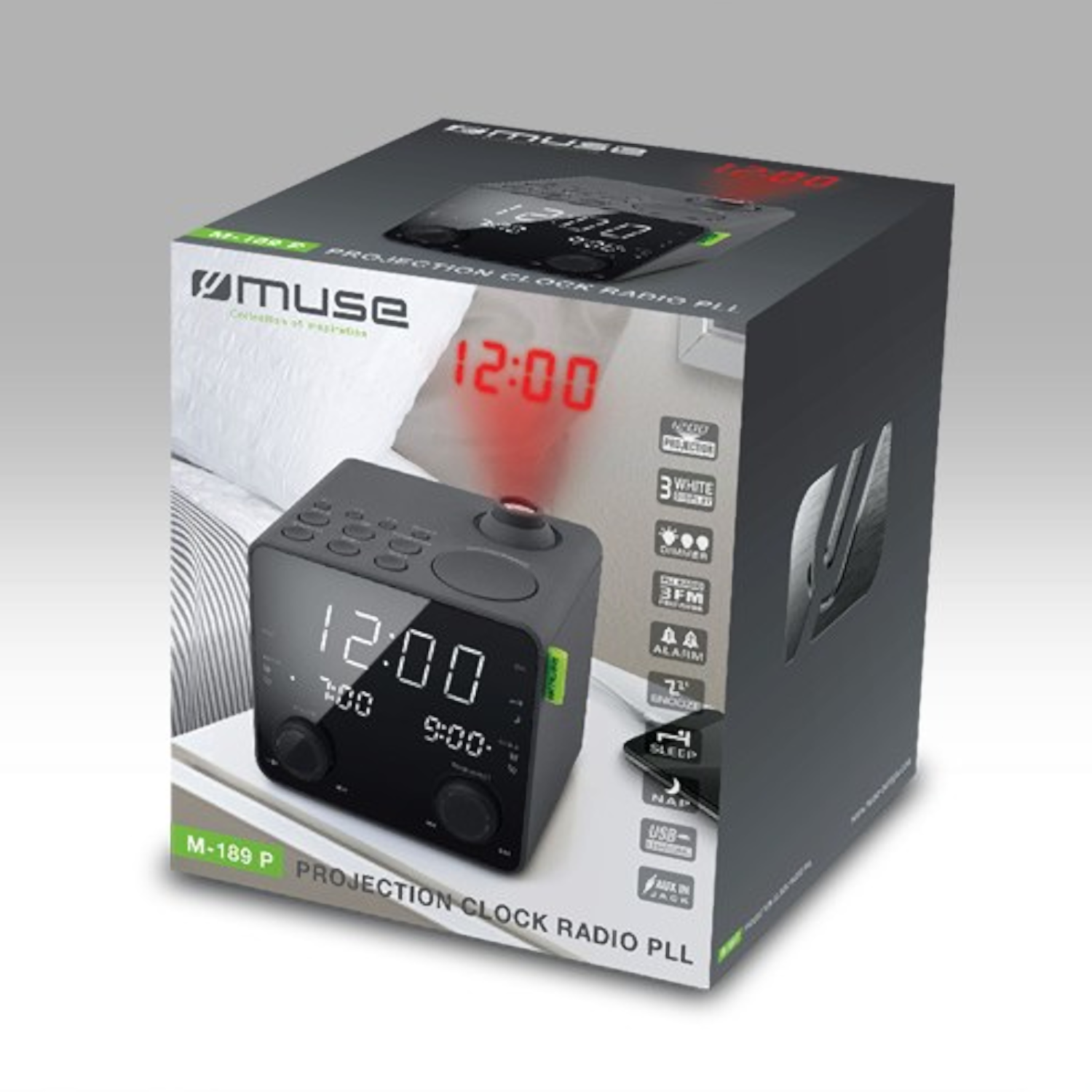 Pudełko radia z zegarem. Czarny zegar z czerwoną projekcją 12:00. Pudełko zawiera obrazy, tekst i szczegóły produktu.