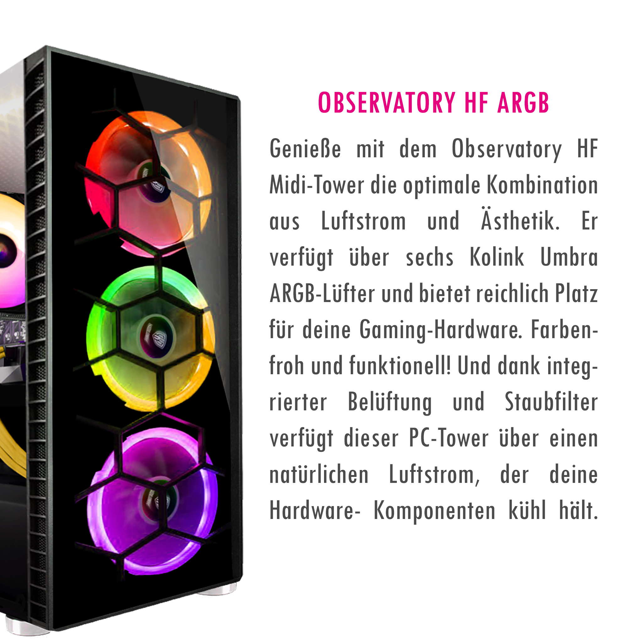 Computergehäuse mit Lüftern. Text beschreibt die Gehäusemerkmale, einschließlich Luftstrom und Ästhetik, rechts.