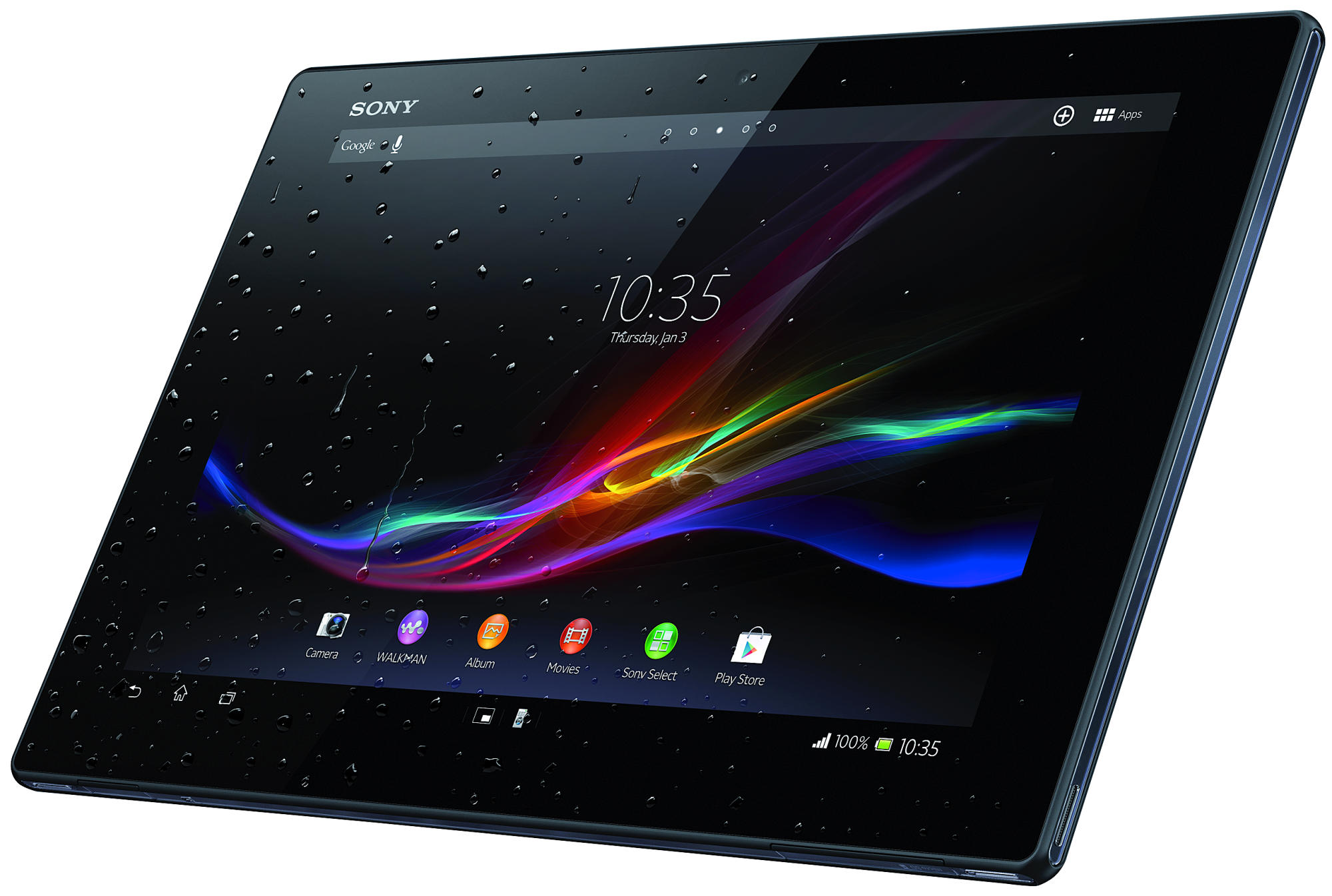 Sony Tablet mit dunklem Bildschirm, buntem, abstraktem Kunstwerk und Symbolen unten.