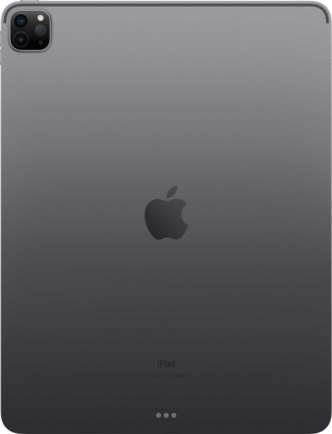 Donkergrijze tablet achterkant met camera's, Apple logo.