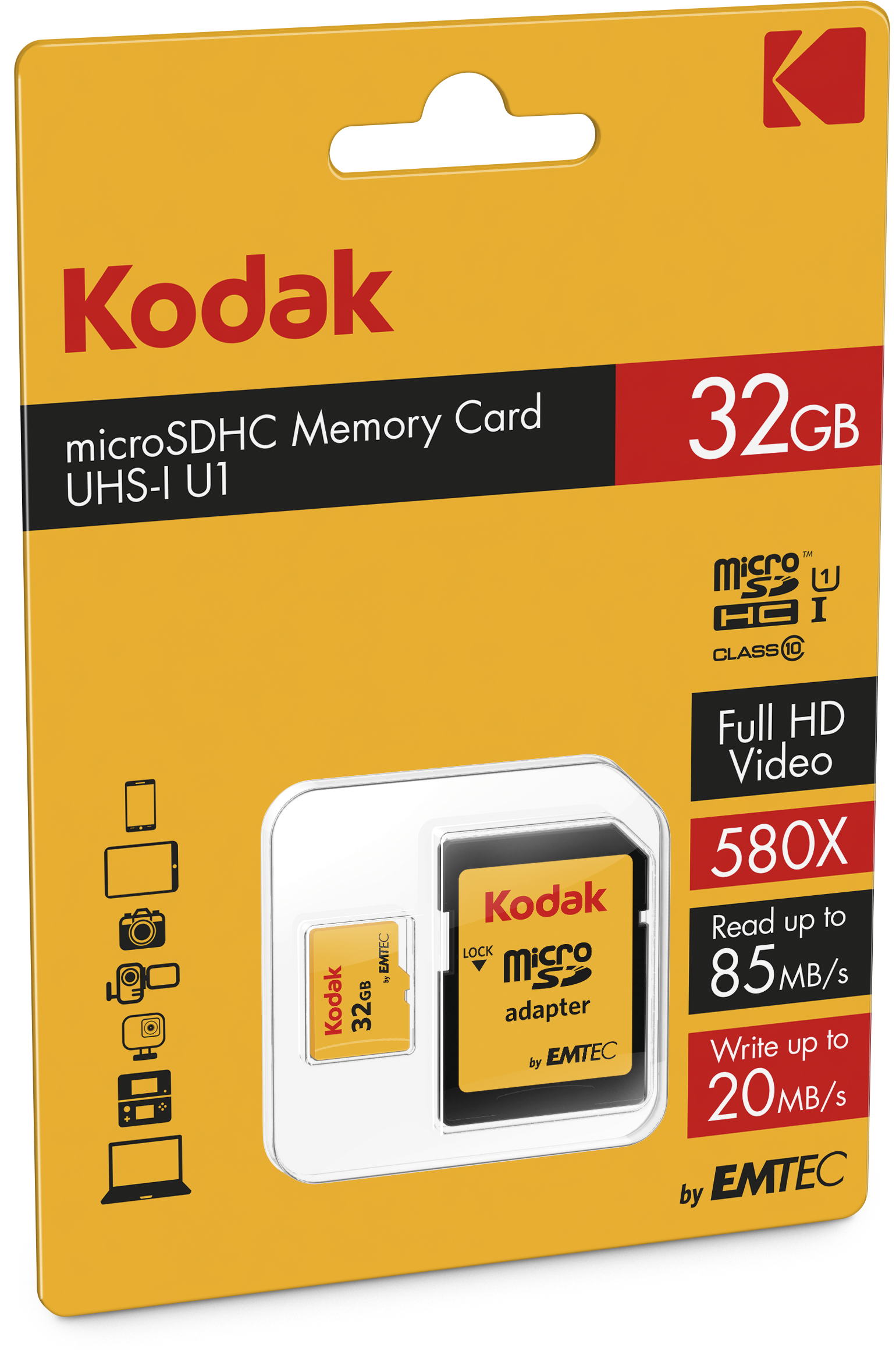 Kodak microSDHC-Speicherkartenverpackung. Gelb und rot mit Produktdetails.