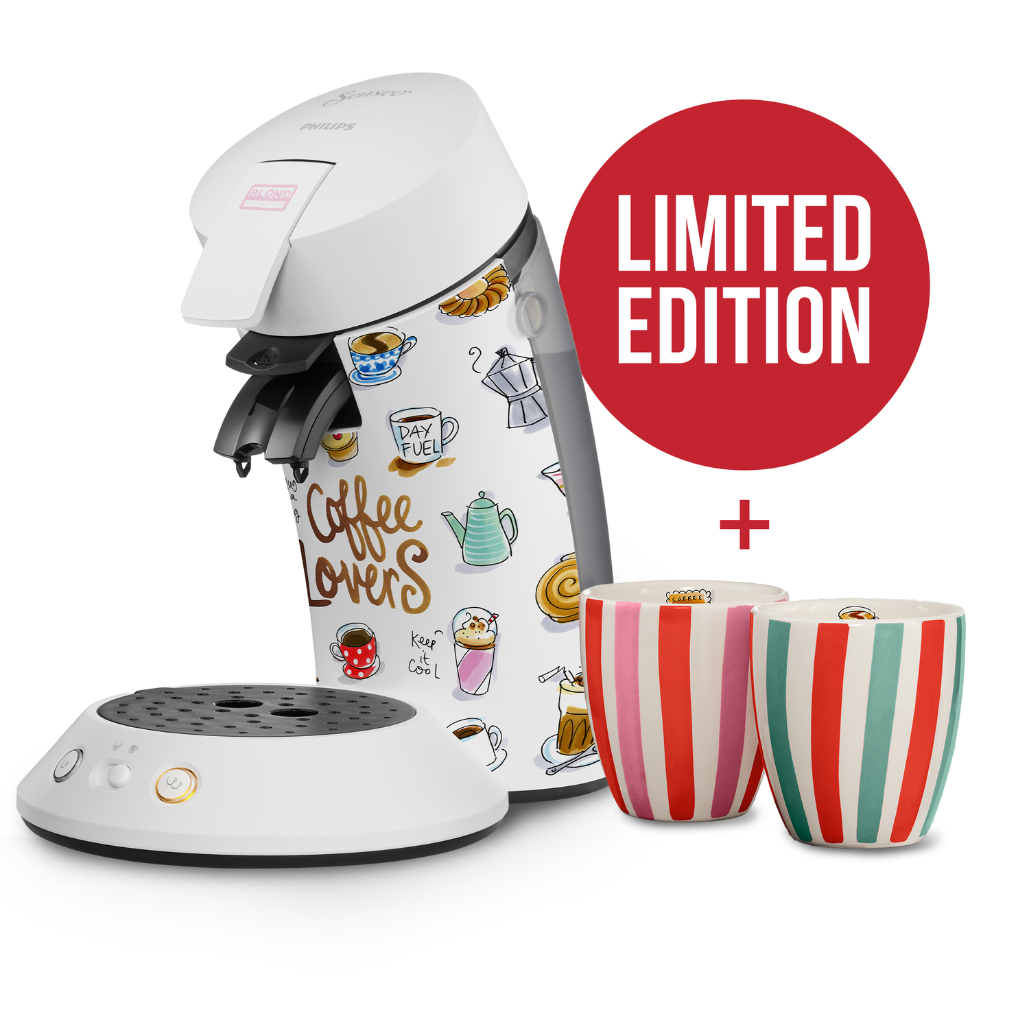 Macchina per caffè Philips Senseo bianca con tazze. Edizione limitata con etichetta rotonda rossa.