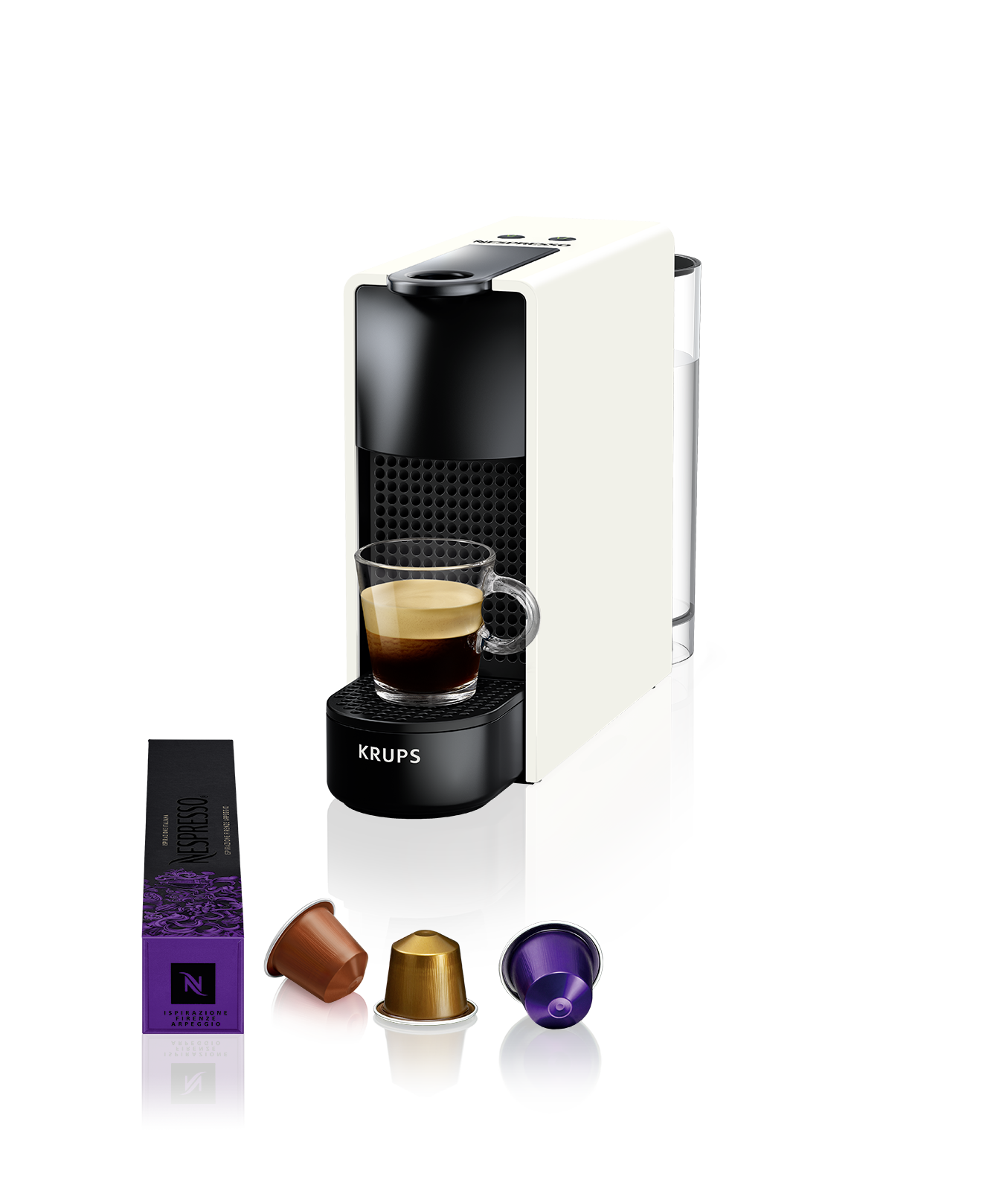 Macchina da caffè bianca e nera con bicchiere di caffè, capsule e scatola Nespresso.