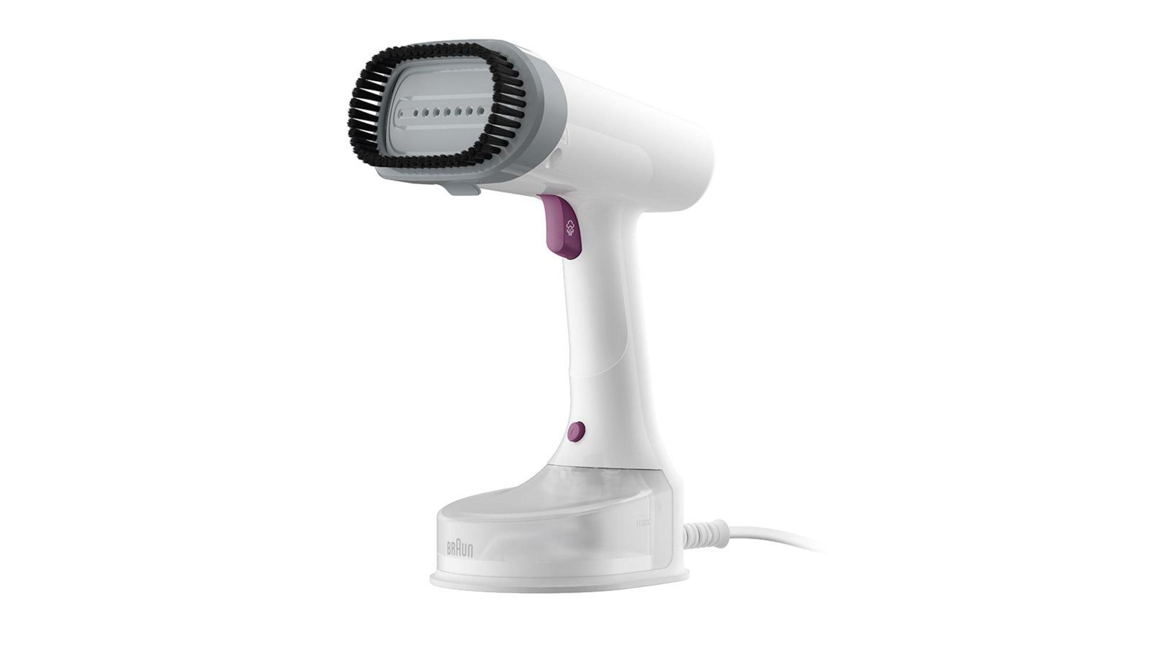 Vaporizzatore per indumenti portatile bianco e grigio. Pulsante viola sull'impugnatura. Sfondo bianco.