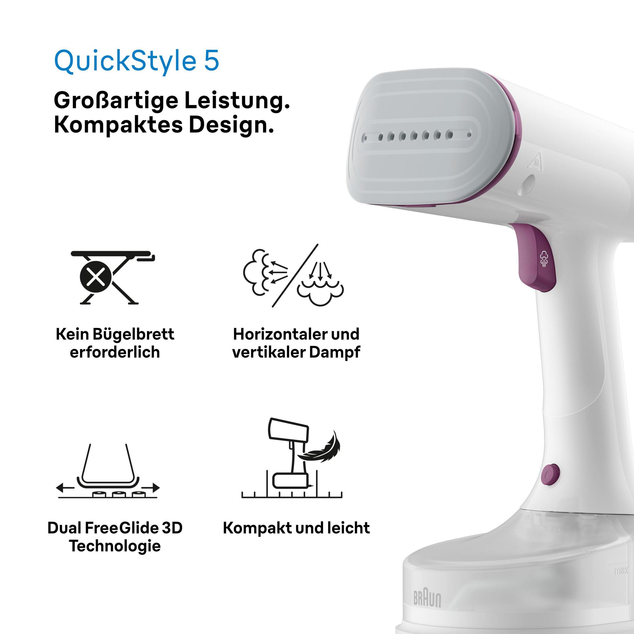 Primo piano di un vaporizzatore per indumenti bianco e viola con testo e icone.