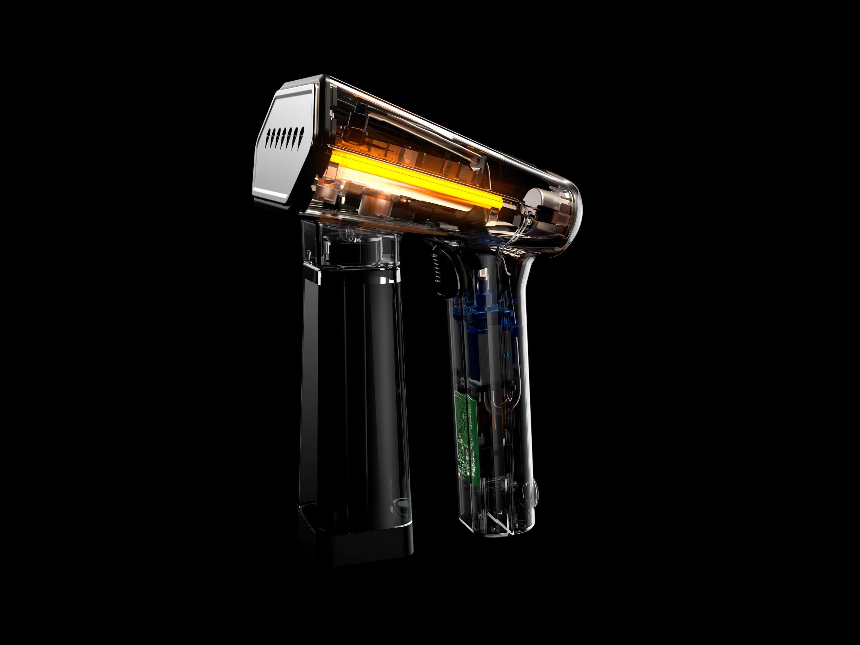 Vaporizzatore a mano nero con elementi interni visibili, su sfondo nero.