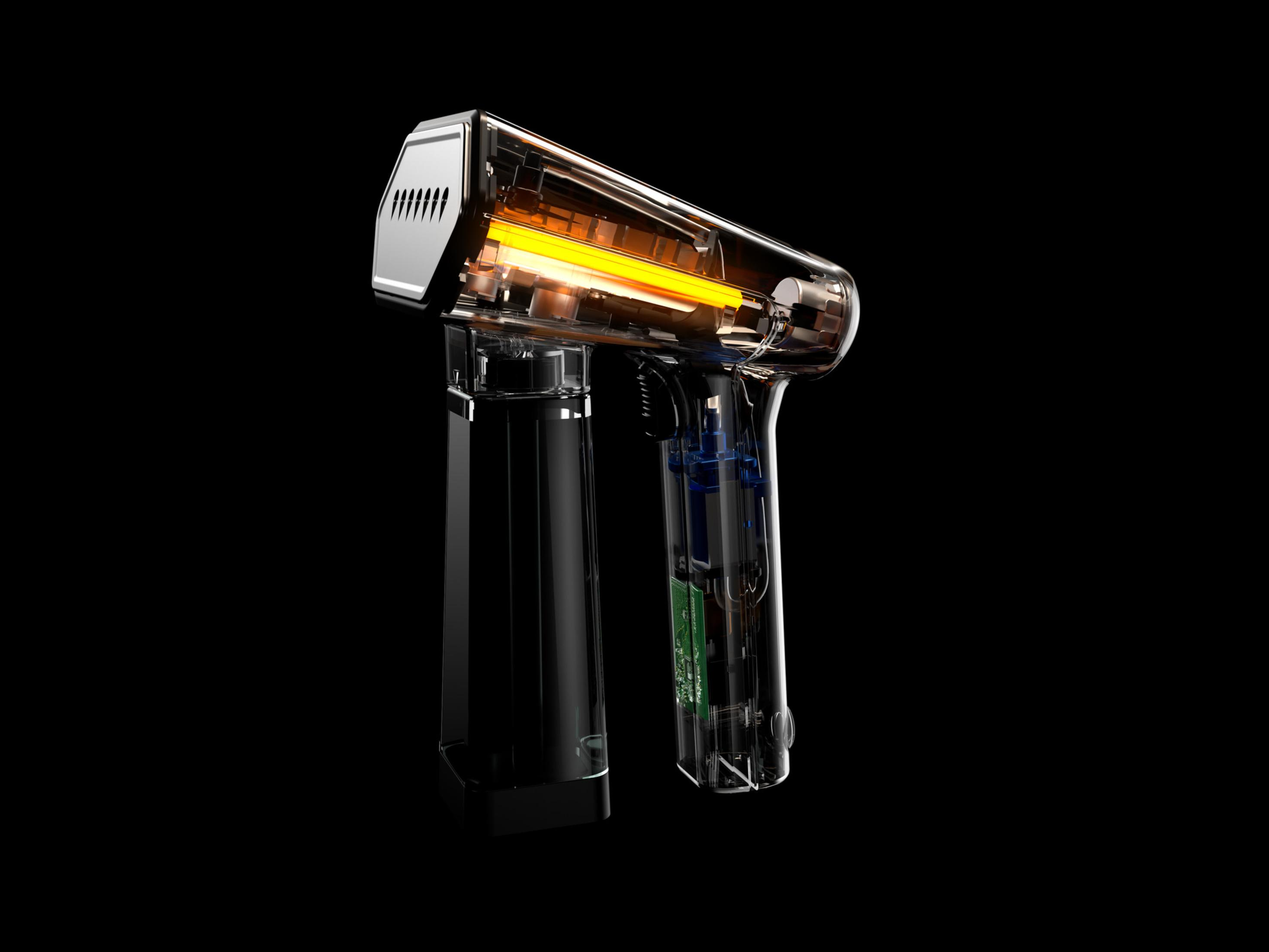 Vaporizzatore a mano nero con elementi interni visibili, su sfondo nero.