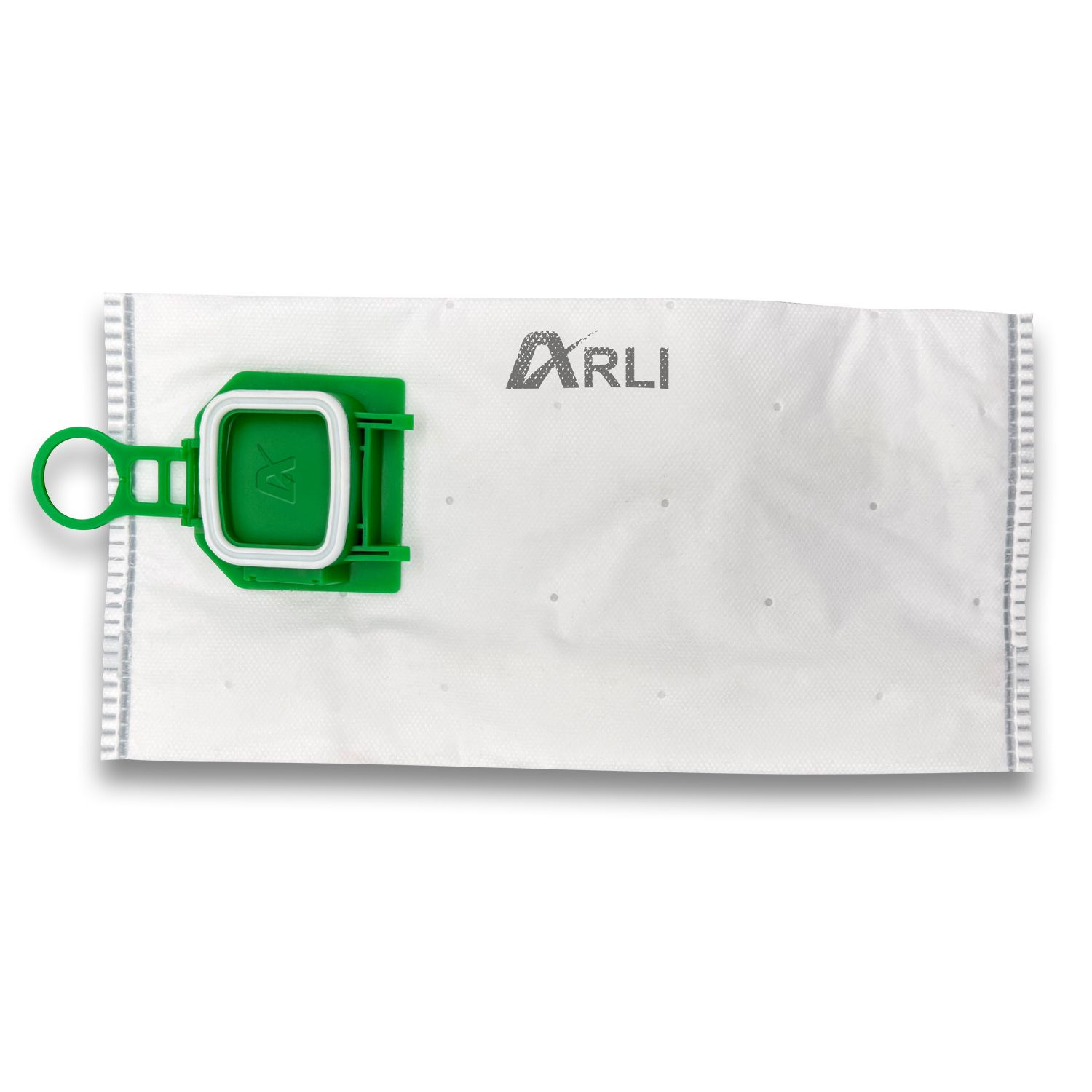 Weißer Staubsaugerbeutel mit grünem Kunststoff-Verschlussmechanismus und dem Logo 'ARLI'.