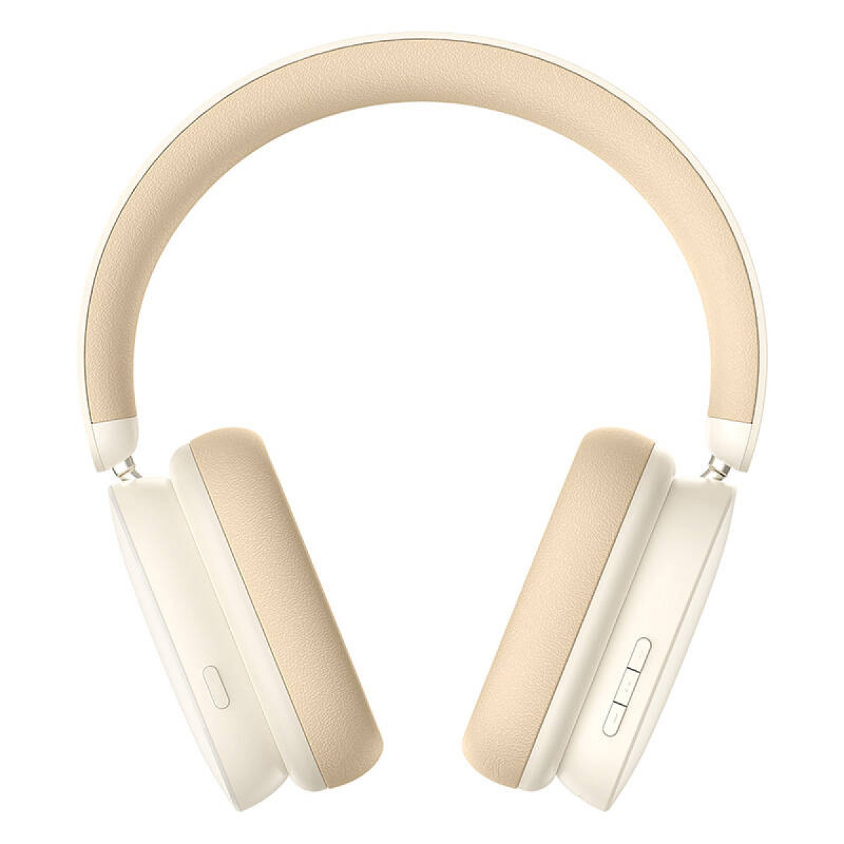 Cuffie beige e bianche. I padiglioni sono ovali, con fascia beige curva. Pulsanti visibili.