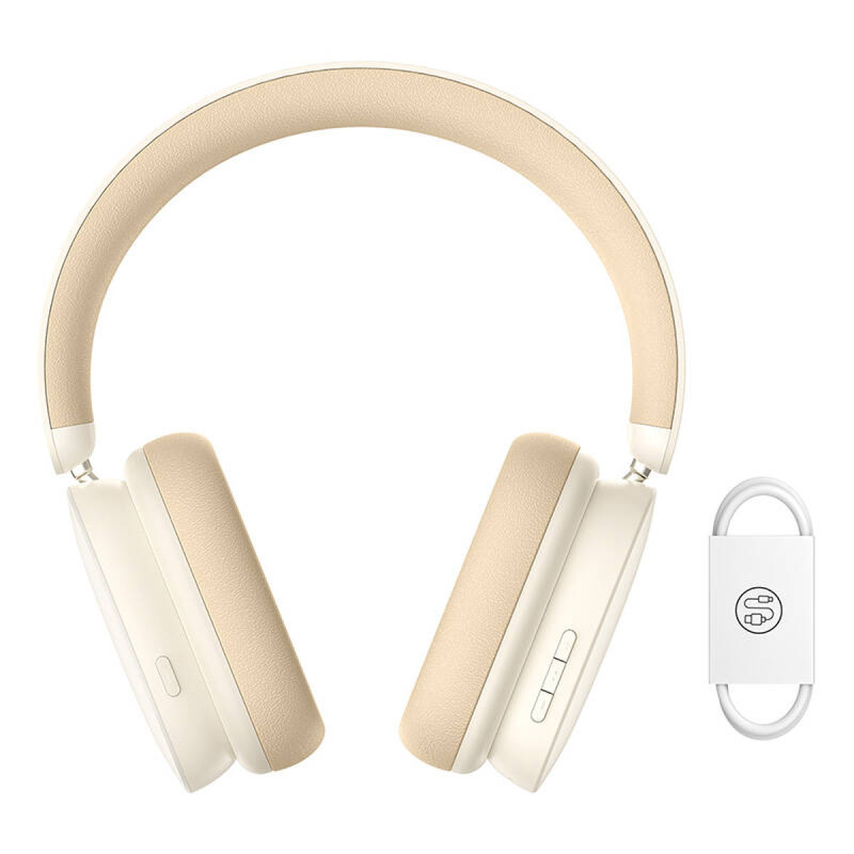 Cuffie beige con cavo di ricarica. Anche i padiglioni sono beige.