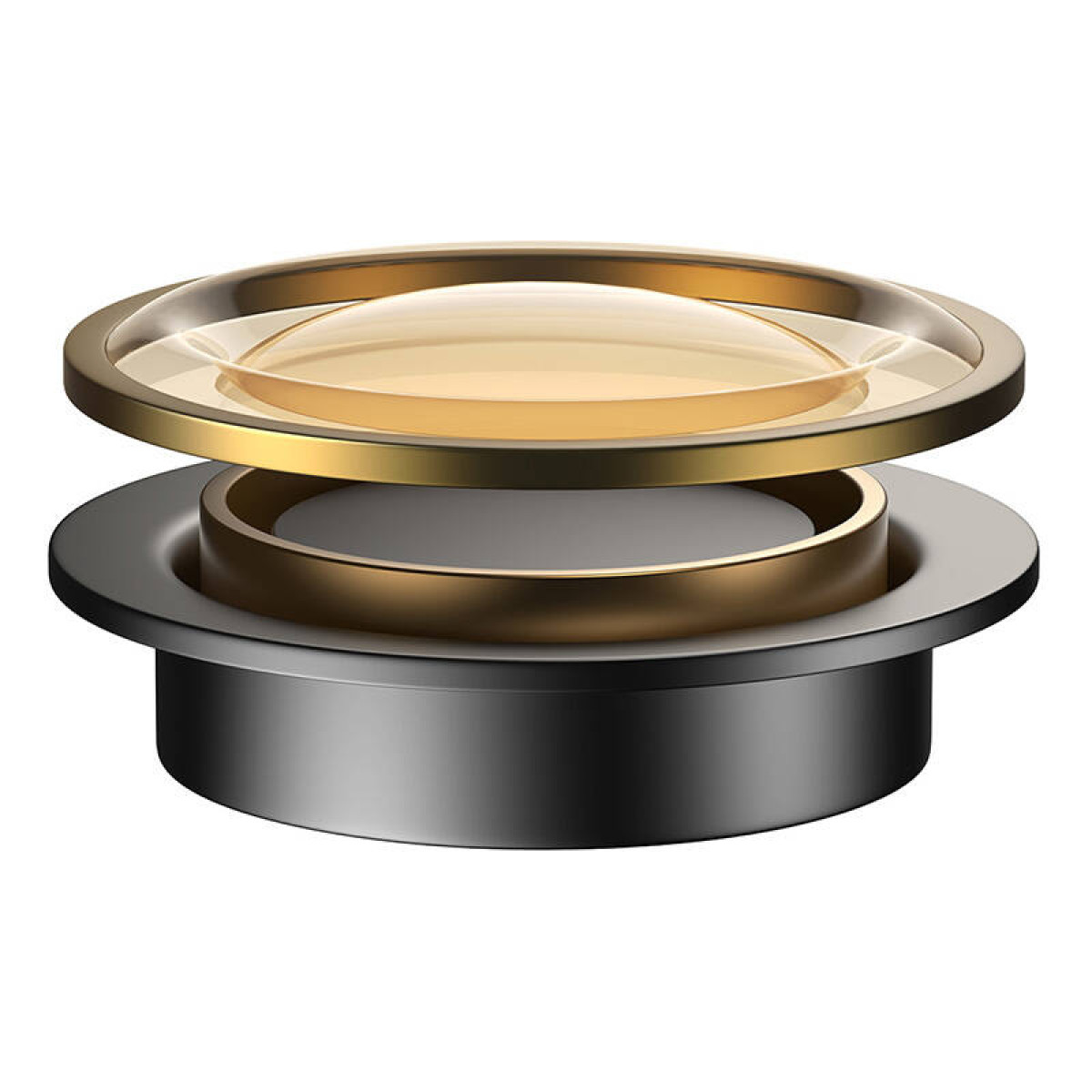Oggetto metallico oro e nero in due parti. La parte superiore è trasparente.