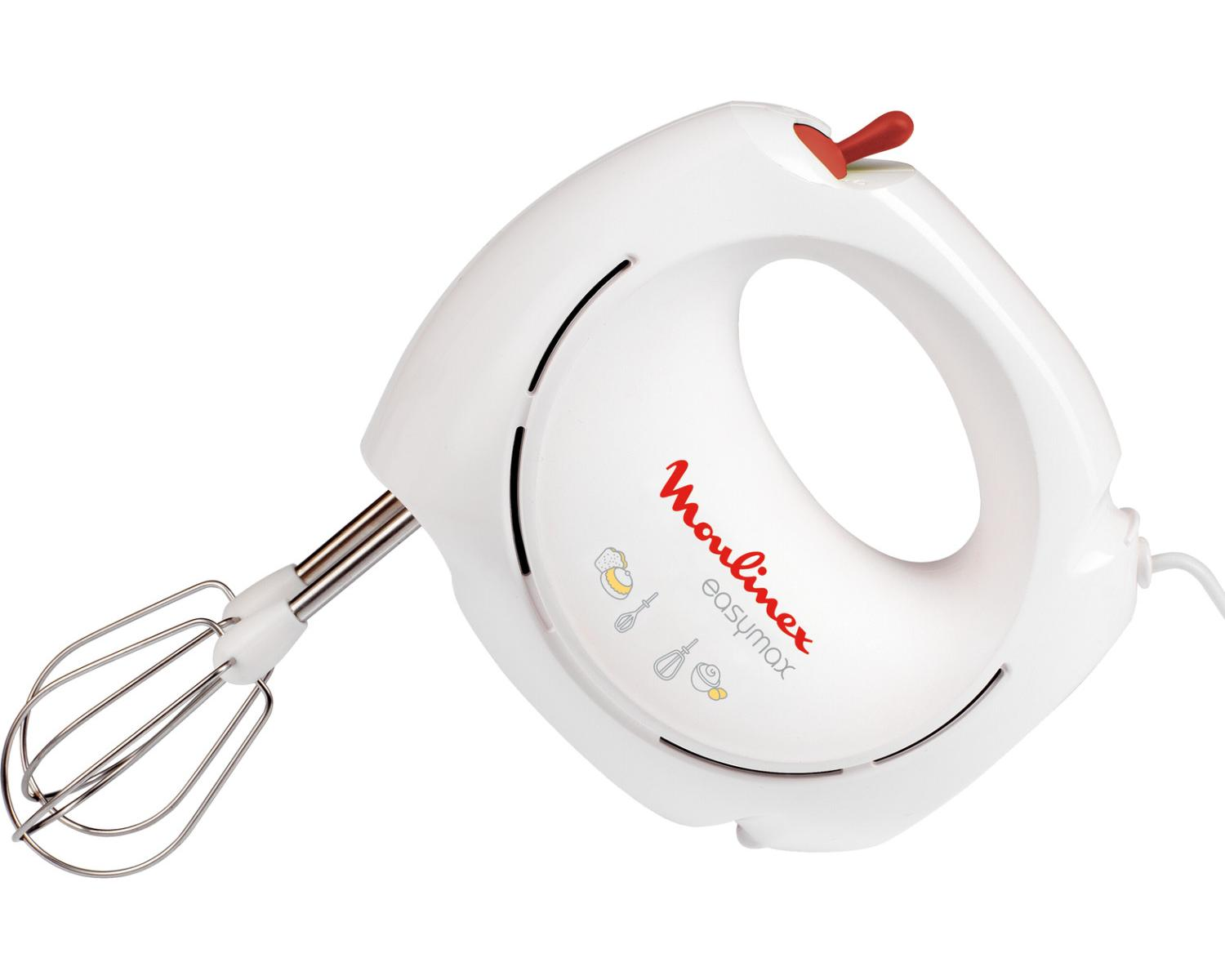 Frullatore a immersione bianco Moulinex Easymax con pulsante rosso, su superficie bianca.