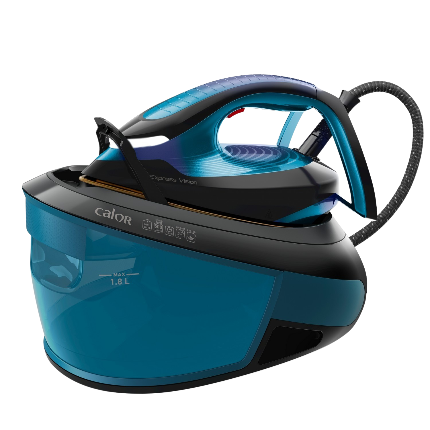 Ferro da stiro blu e nero con serbatoio dell'acqua visibile. Il marchio è Calor.