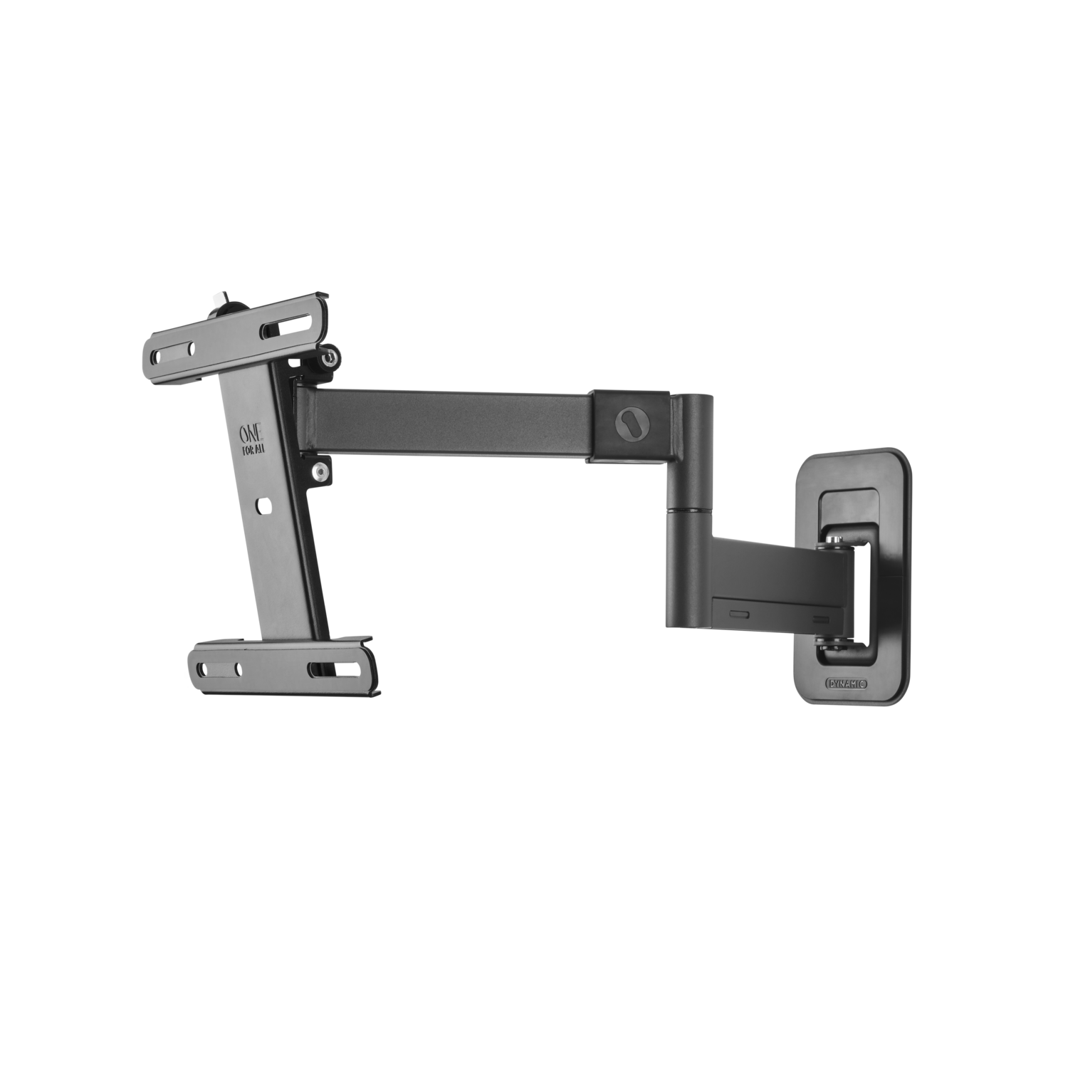 Schwarze TV-Halterung, Seitenansicht. Zeigt Arm und Wandhalterung. Schwarzer Hintergrund.