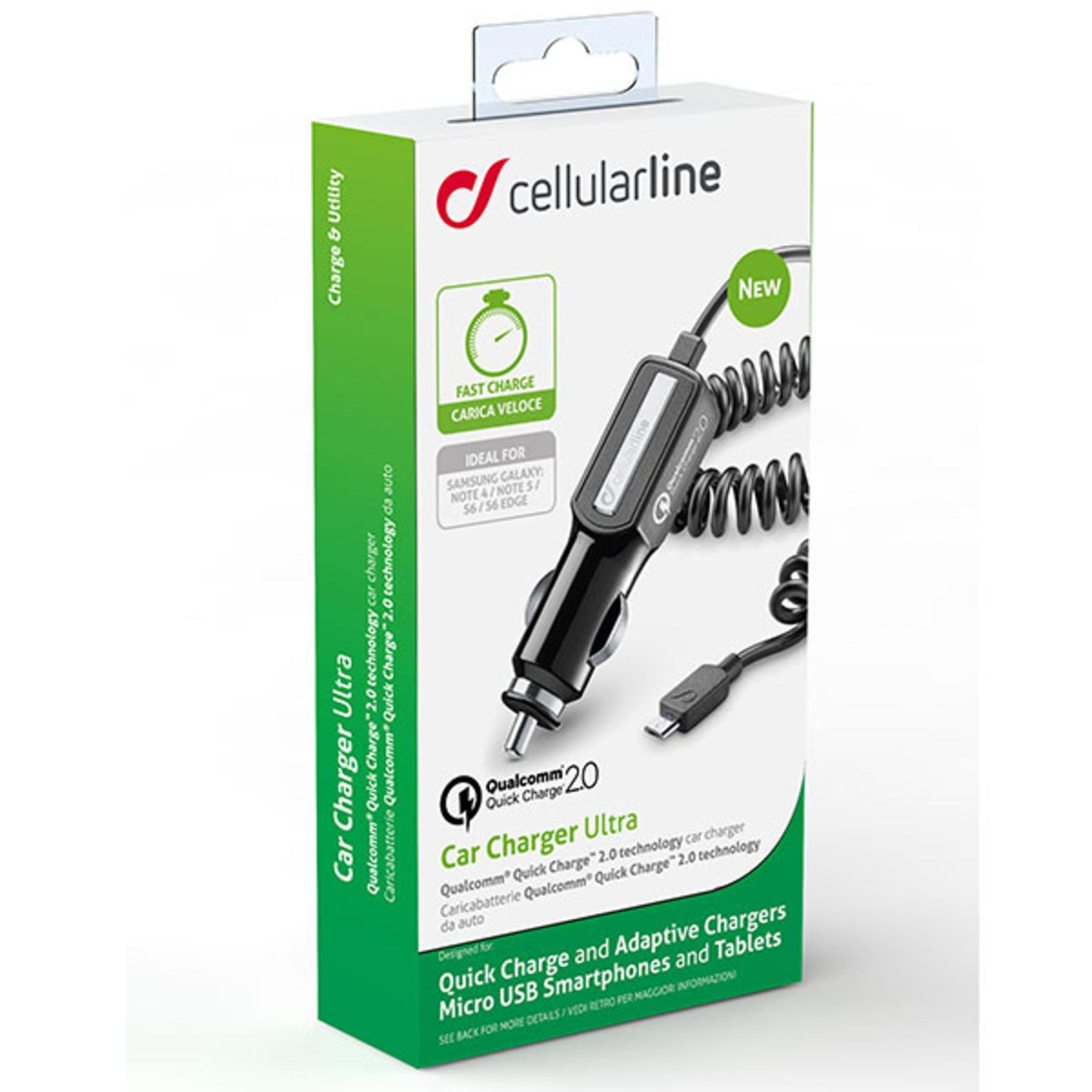 Cellularline-Autoladegerät-Box mit gewendeltem Ladekabel und Autoladegerät. Schwarz und weiß.