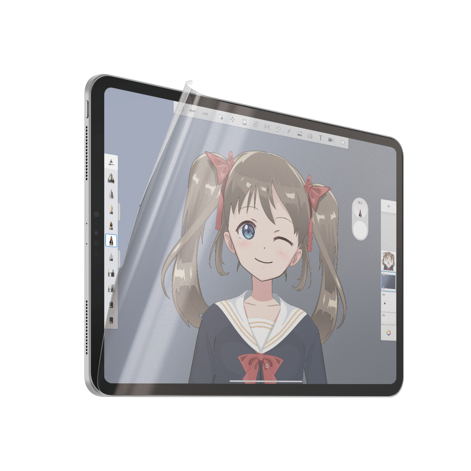 Tablet con protezione schermo. Disegno di ragazza anime sullo schermo. Cornice bianca. Vista angolata.