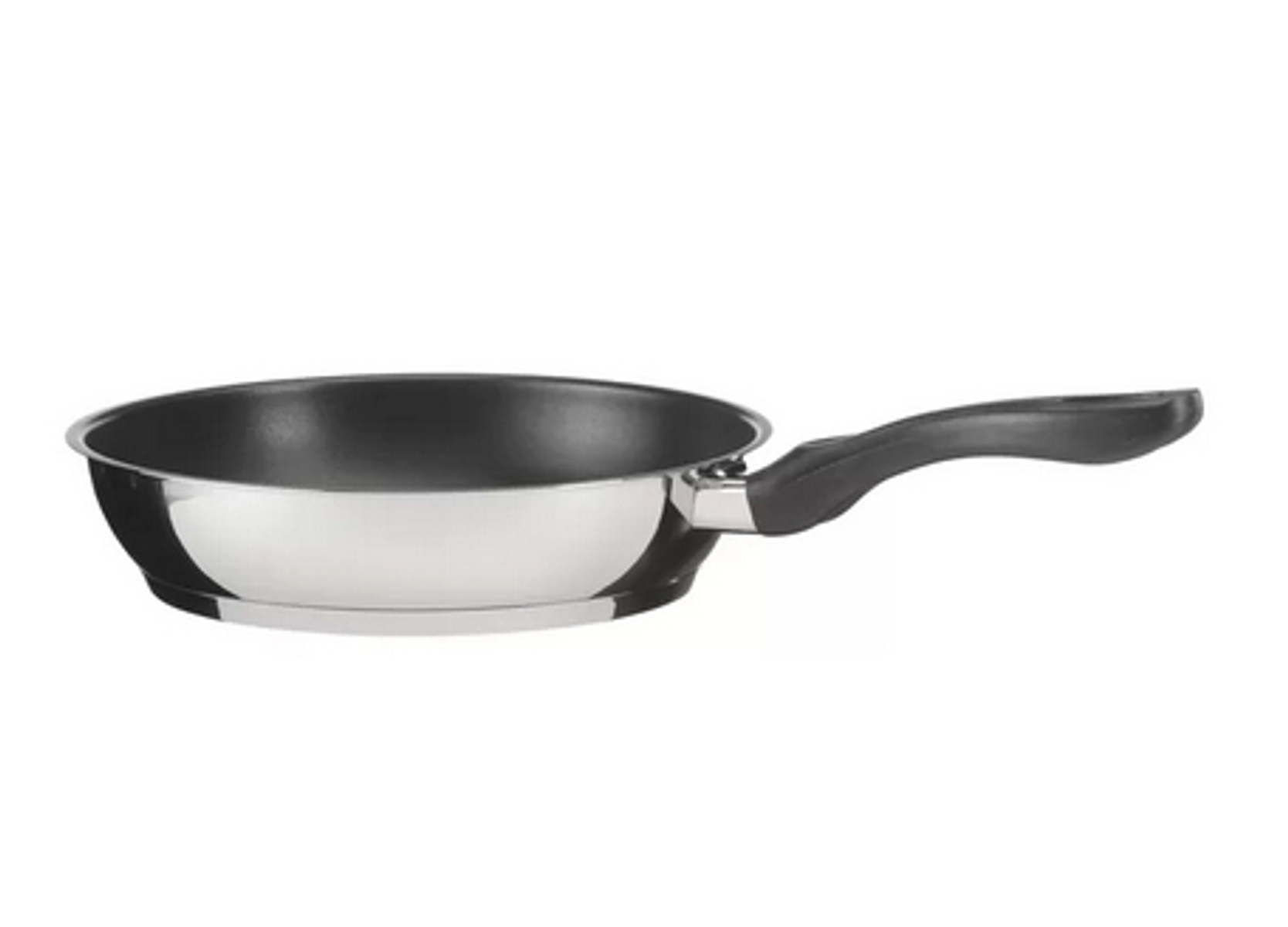Stainless steel frying pan with a black handle. The pan is on a white background.