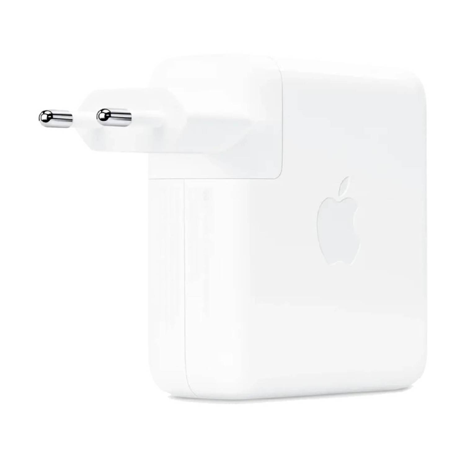 Un adattatore di alimentazione Apple bianco con connettori di ricarica. Il logo Apple è visibile.