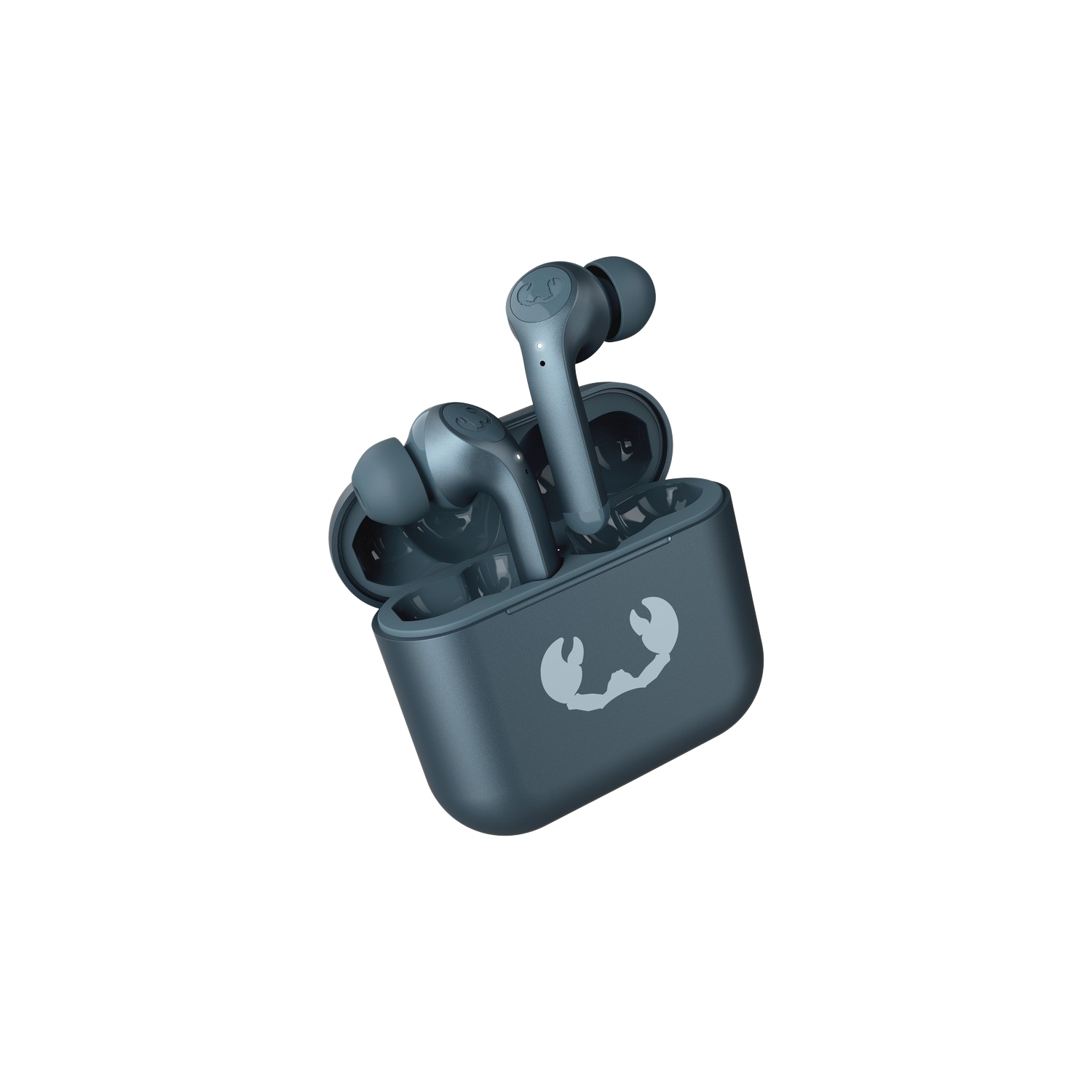 Blue wireless earbuds with charging case and a white logo. Dark background.