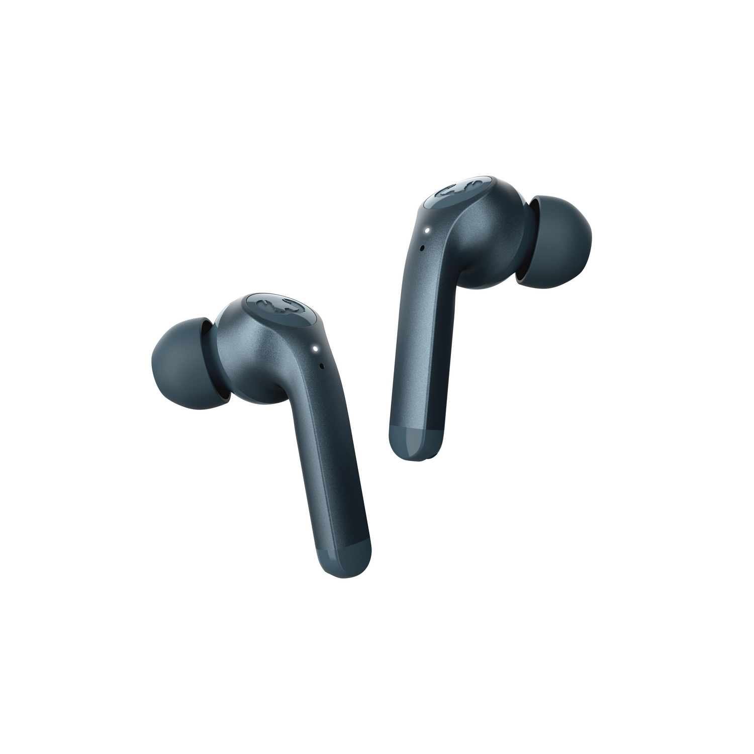 Two blue wireless earbuds, angled, isolated on white. The logo visible.