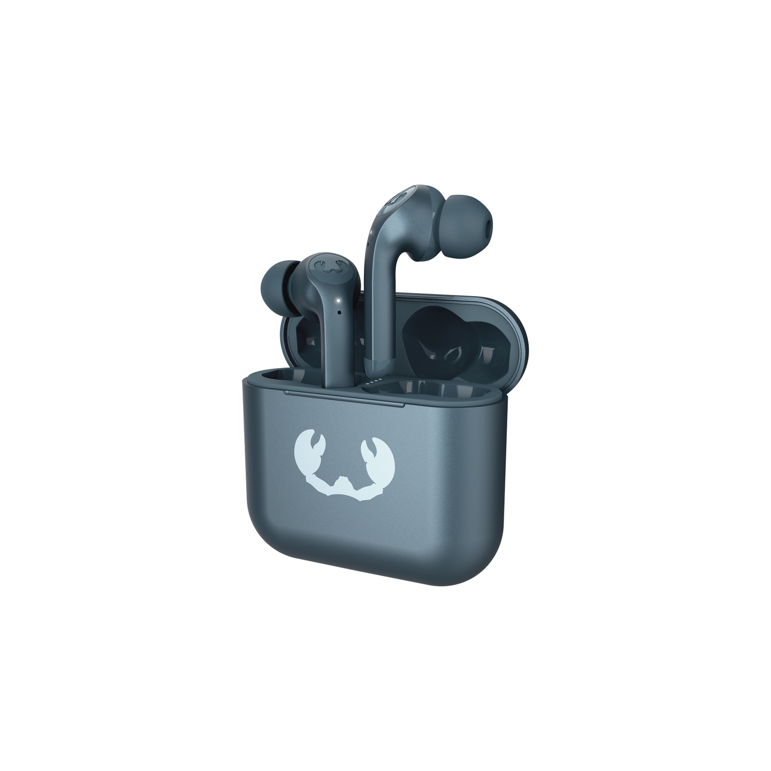 Earbuds in a case. The case and earbuds are teal. White background.