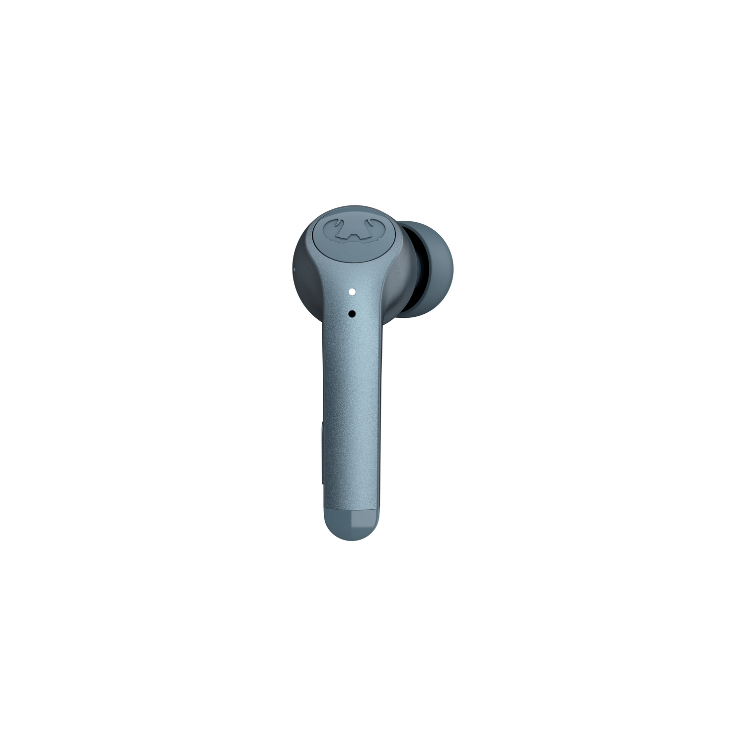 Single teal earbud. White background. Earbud has a small logo.