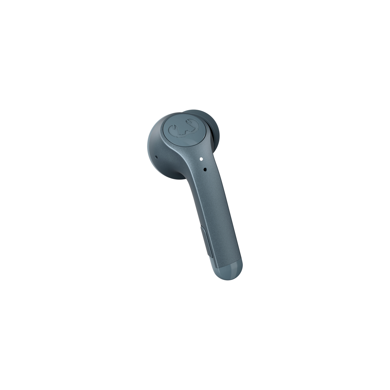 Teal earbud angled. White background. Earbud has a small logo.