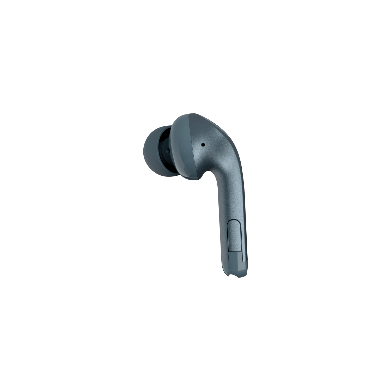 Teal earbud side view. White background. Earbud has a small logo.