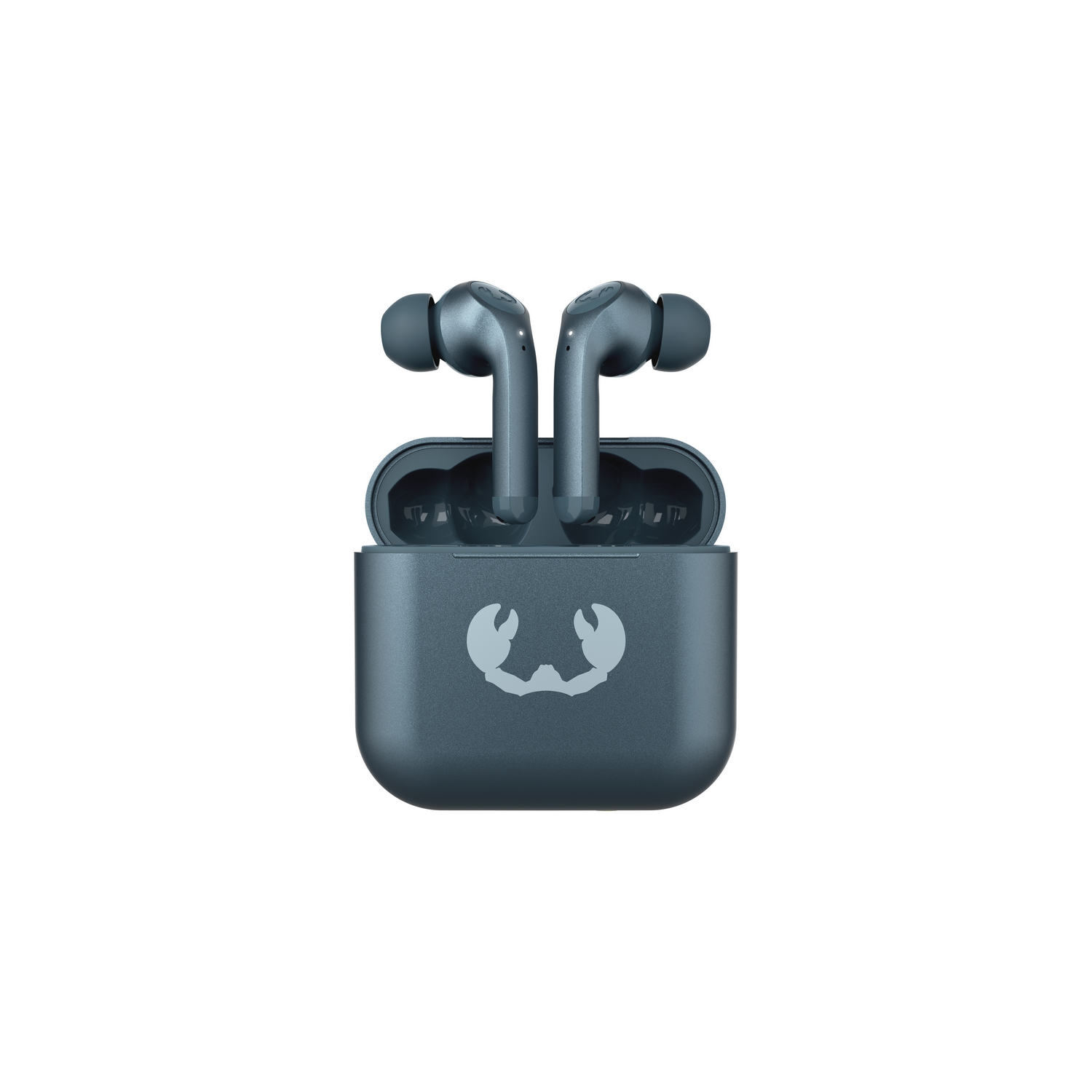 Earbuds in a case. The case and earbuds are teal. White background.