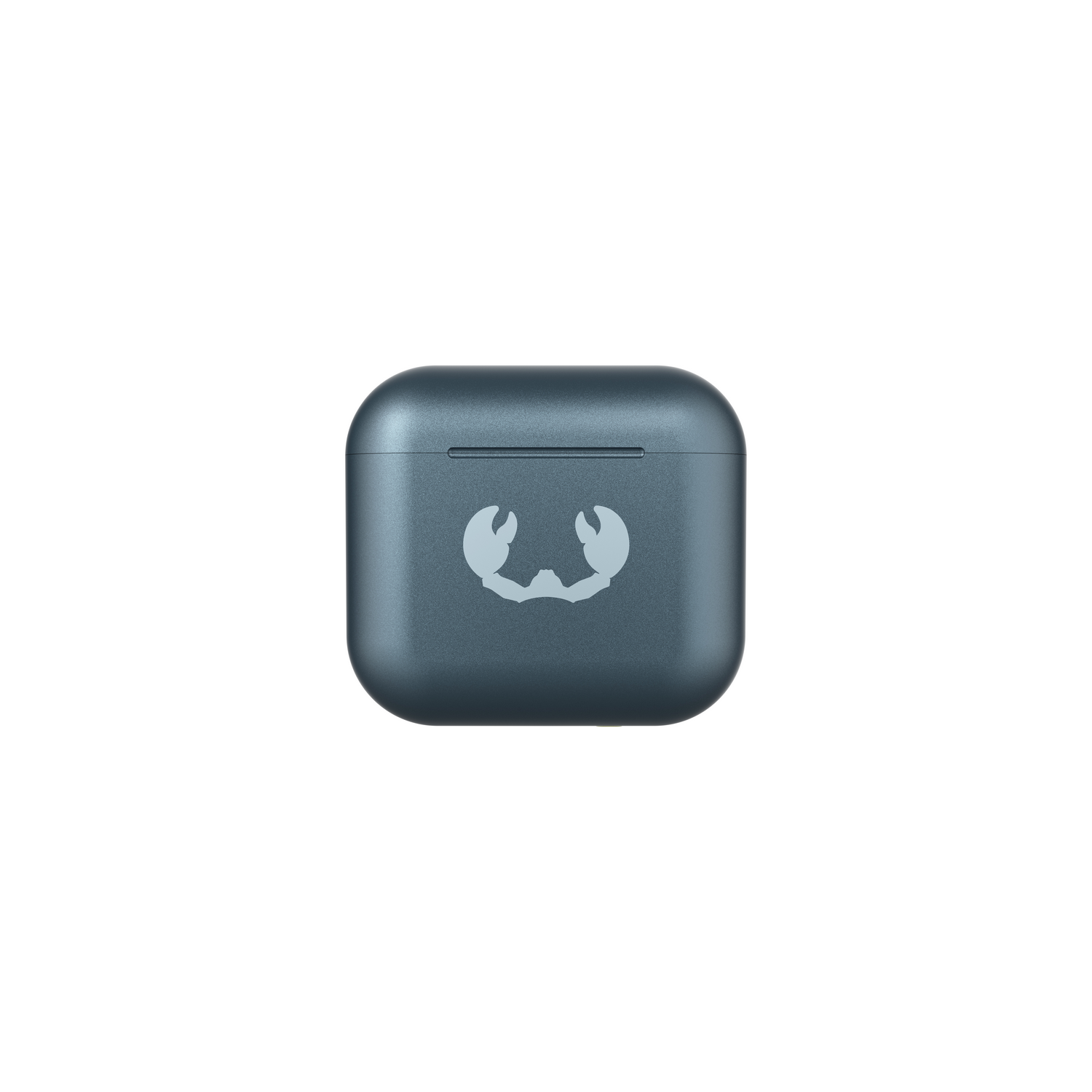 Teal earbud case. White background. Case has a logo.