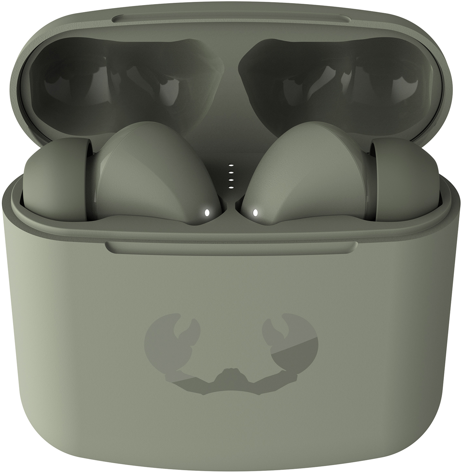 Green earbuds in a case with a crab logo. The case is open.
