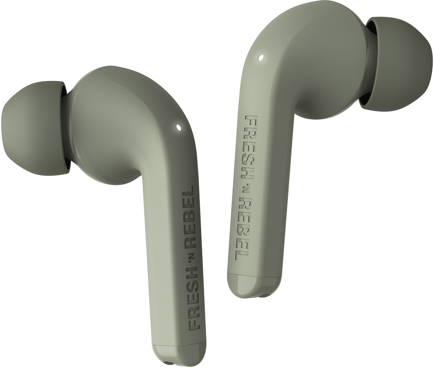 Two green earbuds with the words FRESH 'N REBEL on them.