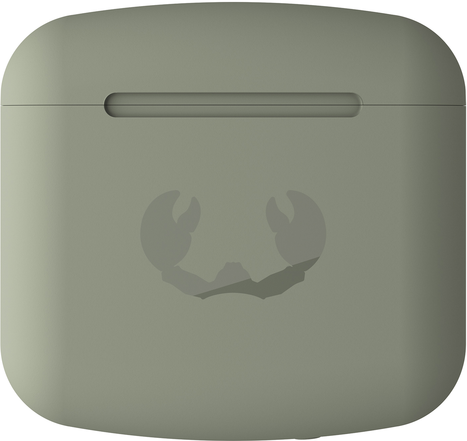 Green earbud case with a crab logo on it.
