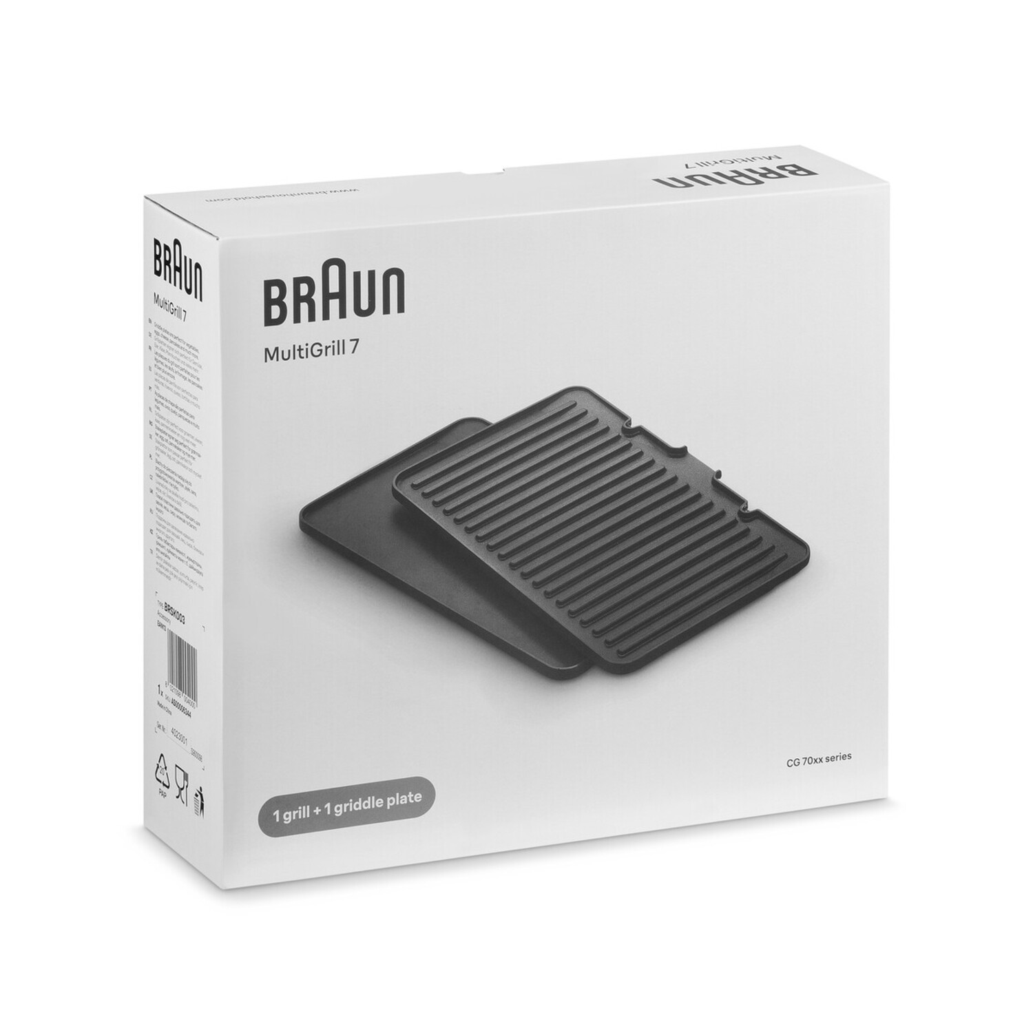 Een witte doos met de Braun MultiGrill 7. Doos toont de grill- en bakplaten.