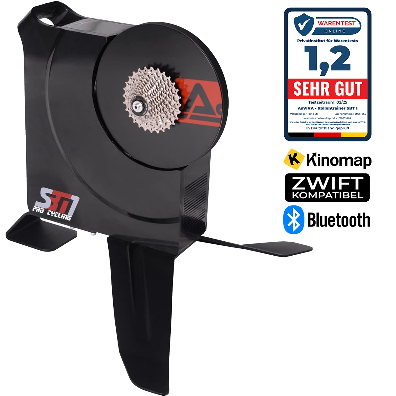 Ein schwarzes Heimtrainer mit weißem Zahnrad und einem weiß-blauen Etikett rechts.