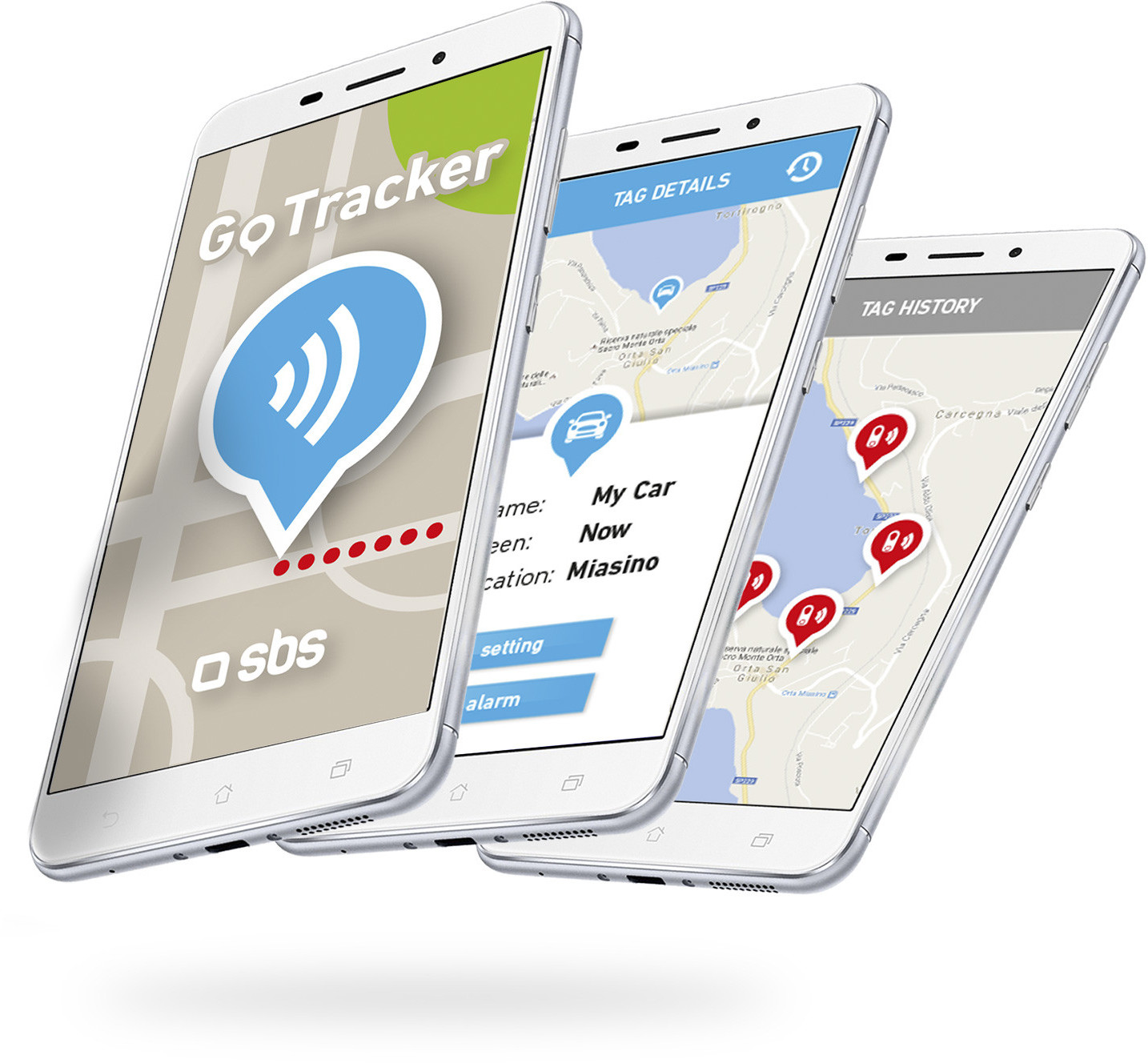 Tre telefoni bianchi che mostrano un'app di tracciamento con schermate diverse.