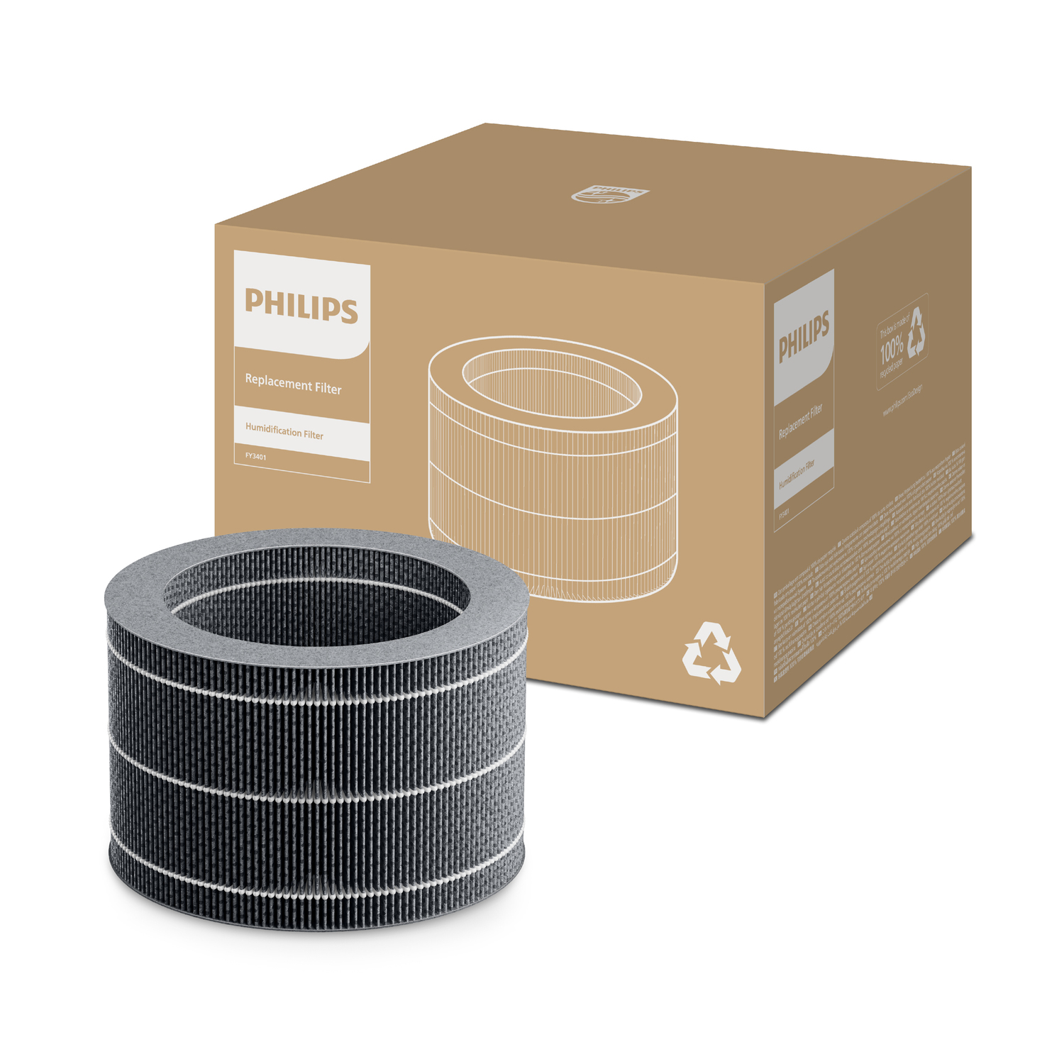 Filtro di ricambio Philips e la sua scatola. Filtro grigio e scatola marrone sono visibili.