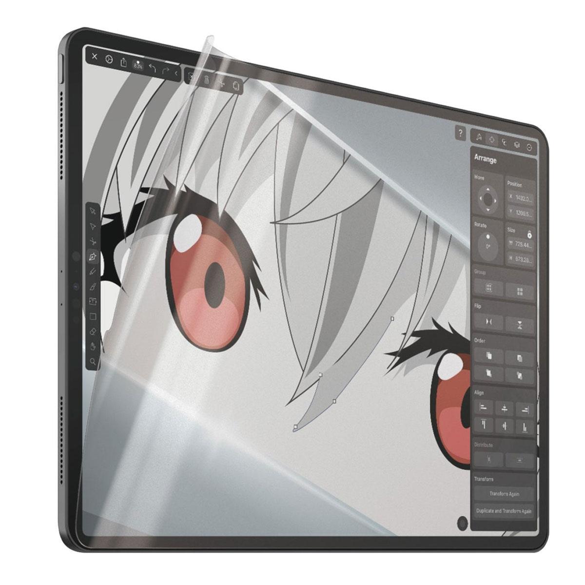 Tablet con protezione schermo, che mostra occhi anime e un'interfaccia di design.