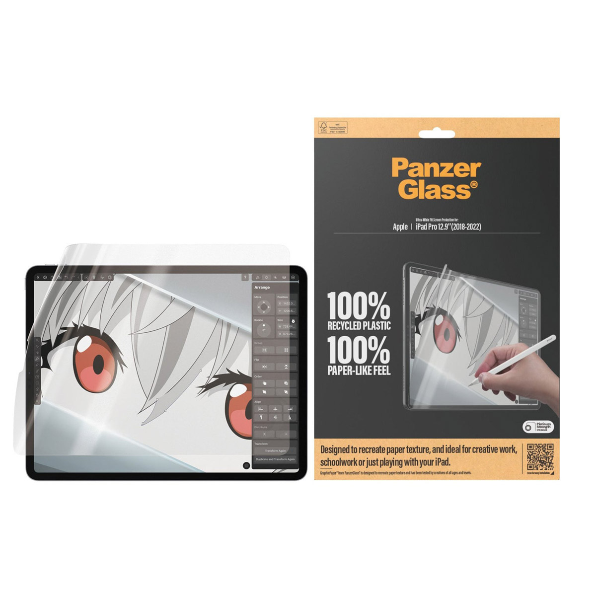 Un tablet con protezione schermo, confezione con penna stilo e testo 'Paper-like feel'.