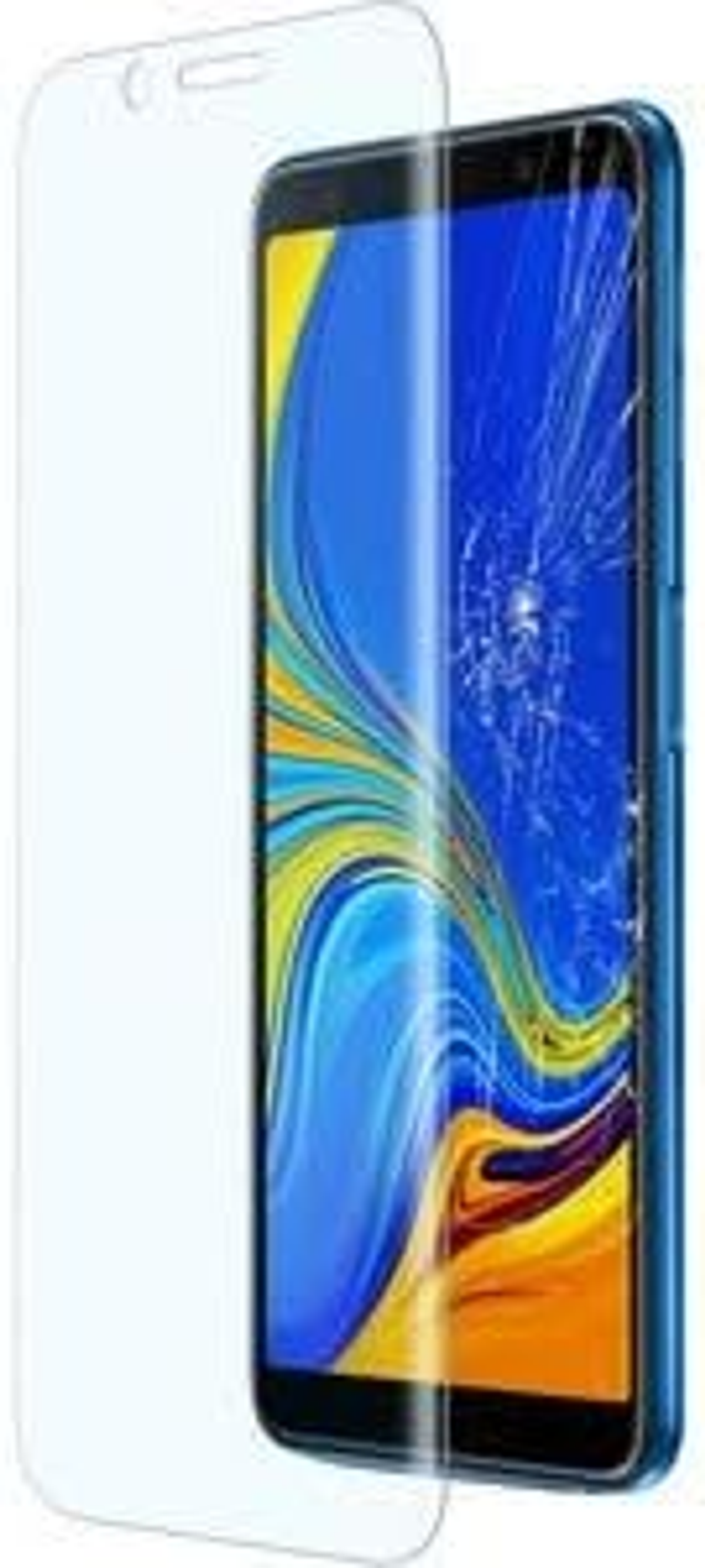 Uno schermo di smartphone rotto ha una protezione schermo accanto. Lo schermo del telefono mostra uno sfondo blu.