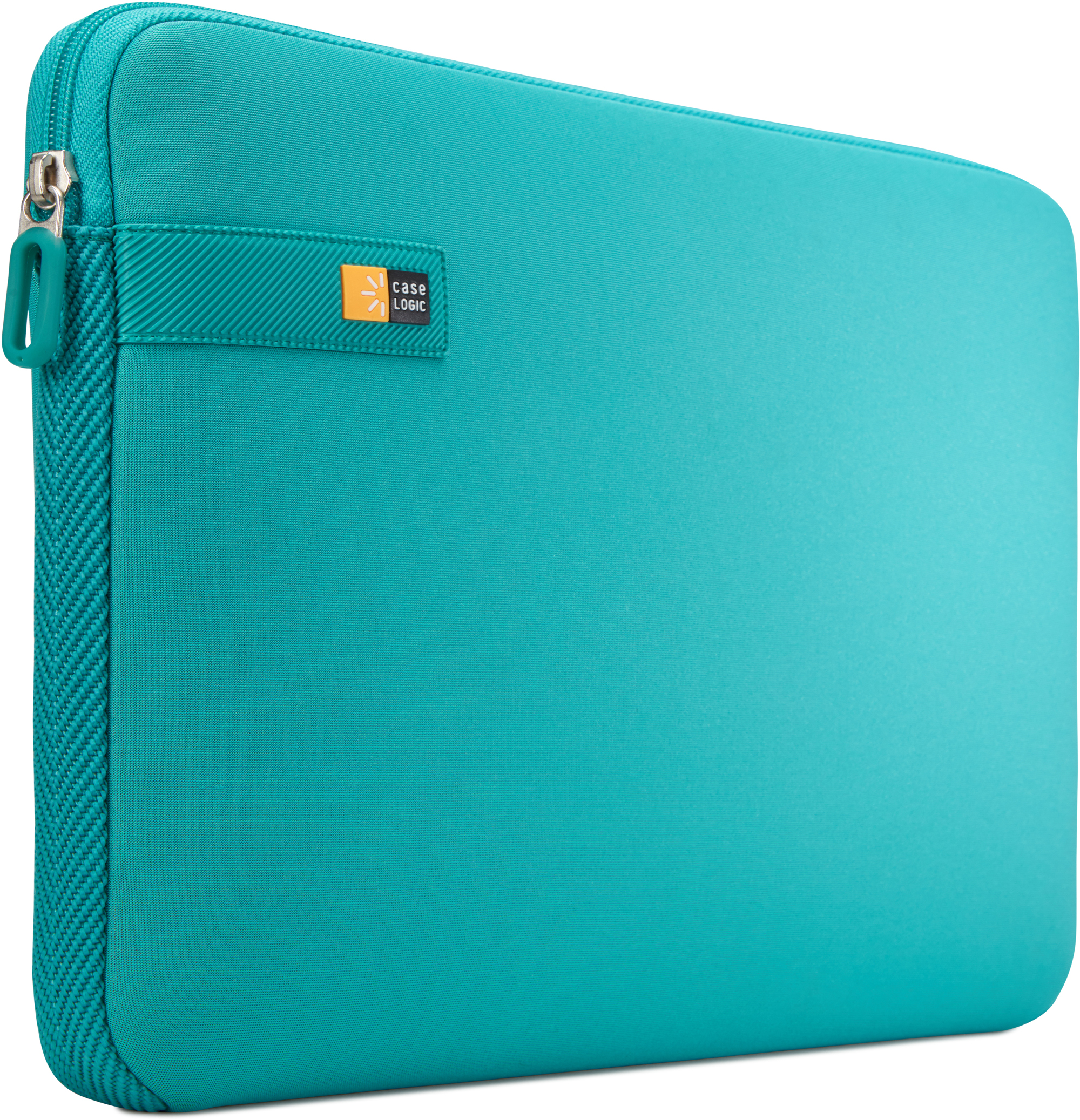 Una custodia per laptop color verde acqua con cerniera, logo Case Logic e anello in tessuto sul lato.