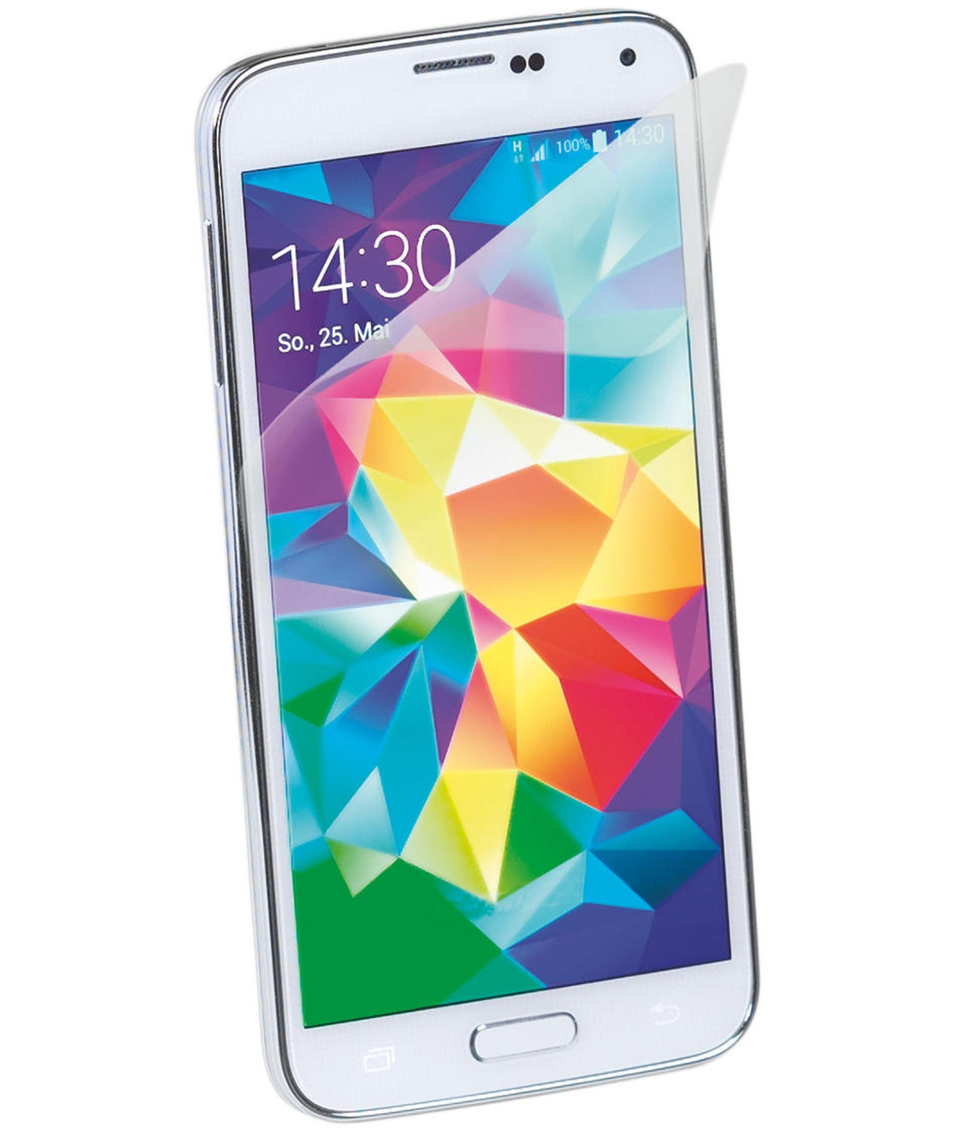 Smartphone con protezione schermo. Lo schermo mostra un'immagine astratta colorata. L'ora viene visualizzata.