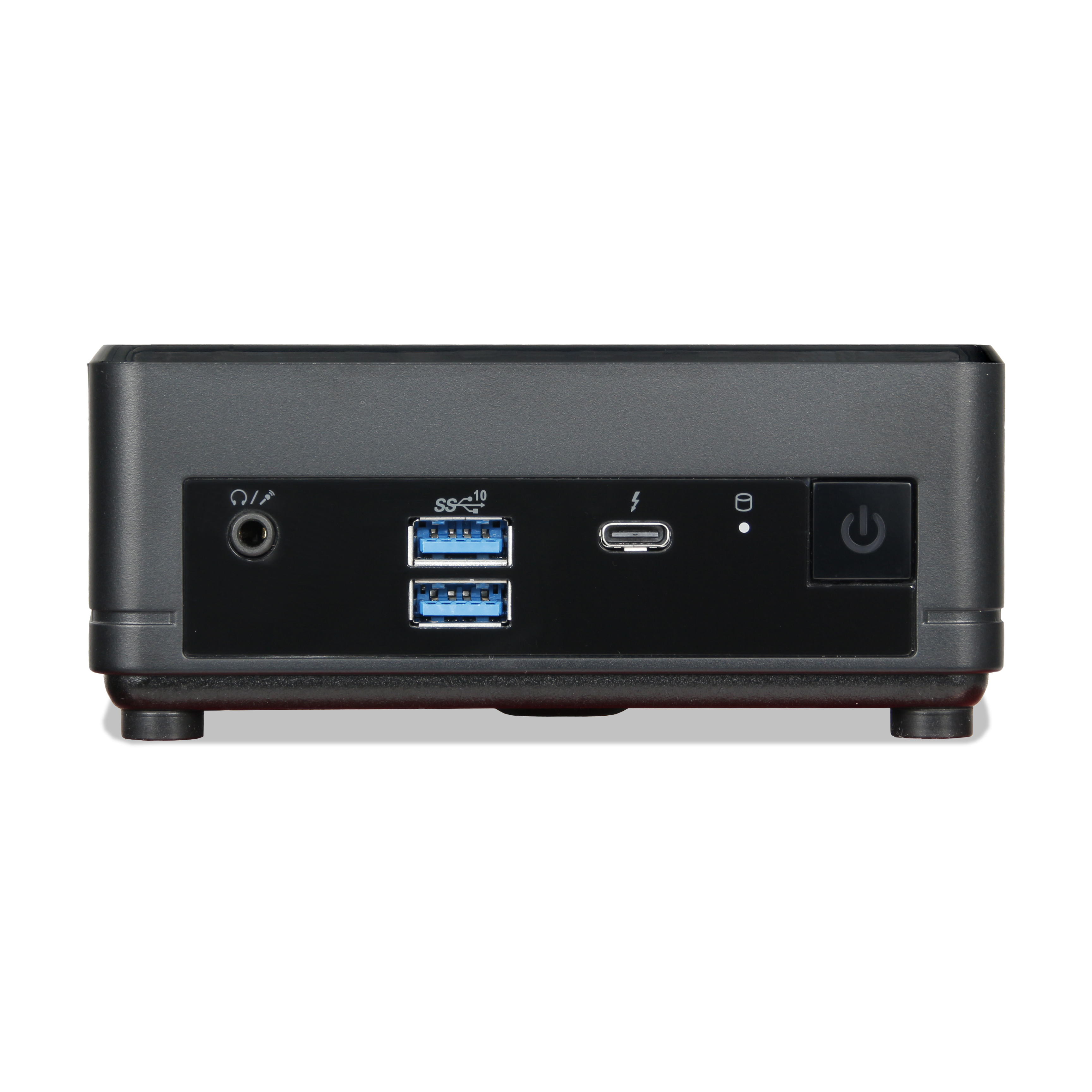 Vista frontale di un mini PC nero. Dispone di porte per cuffie, USB, USB-C e pulsante di accensione.