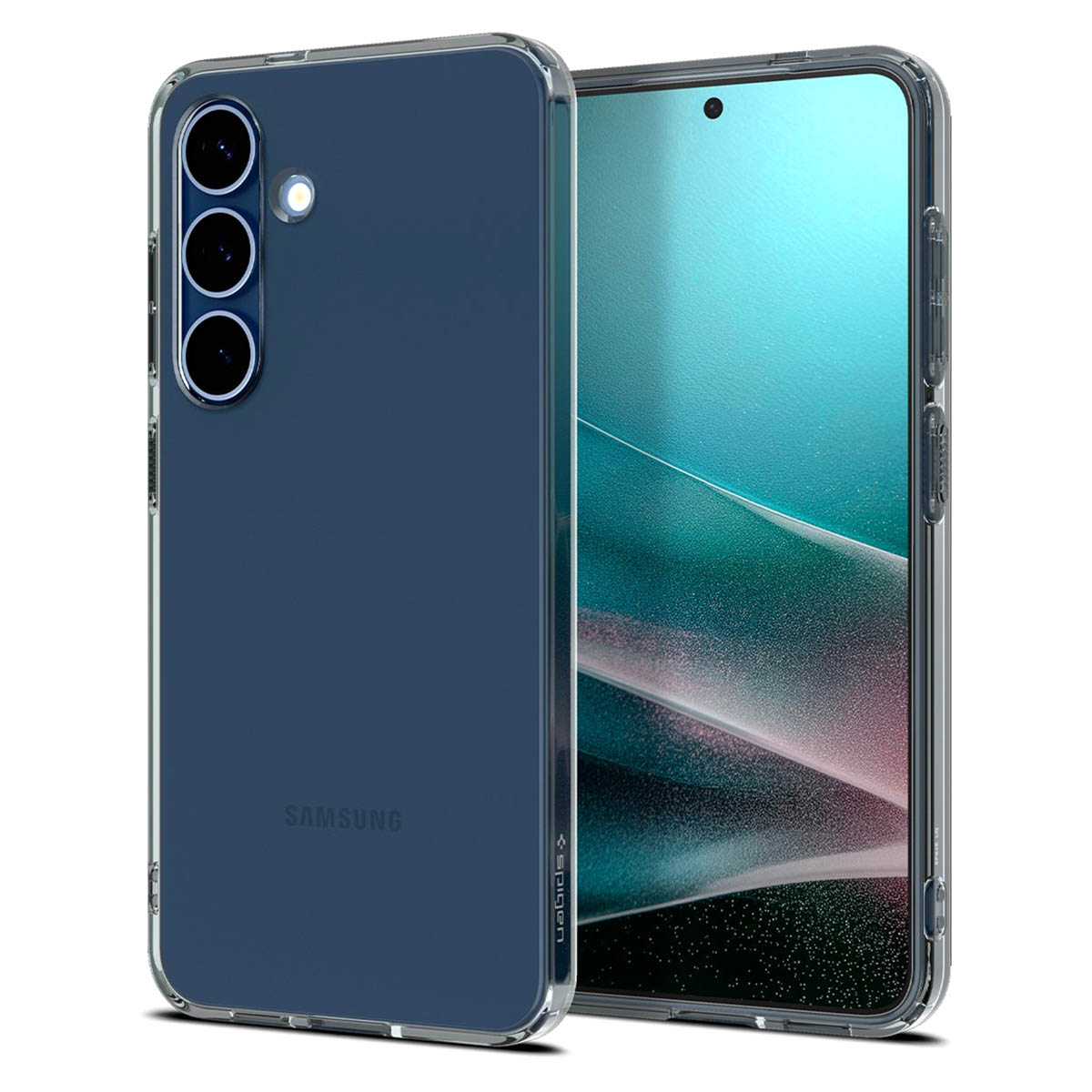 Téléphone dans une coque transparente. Côtés du téléphone visibles. La coque a une teinte bleue. Téléphone sur surface blanche.