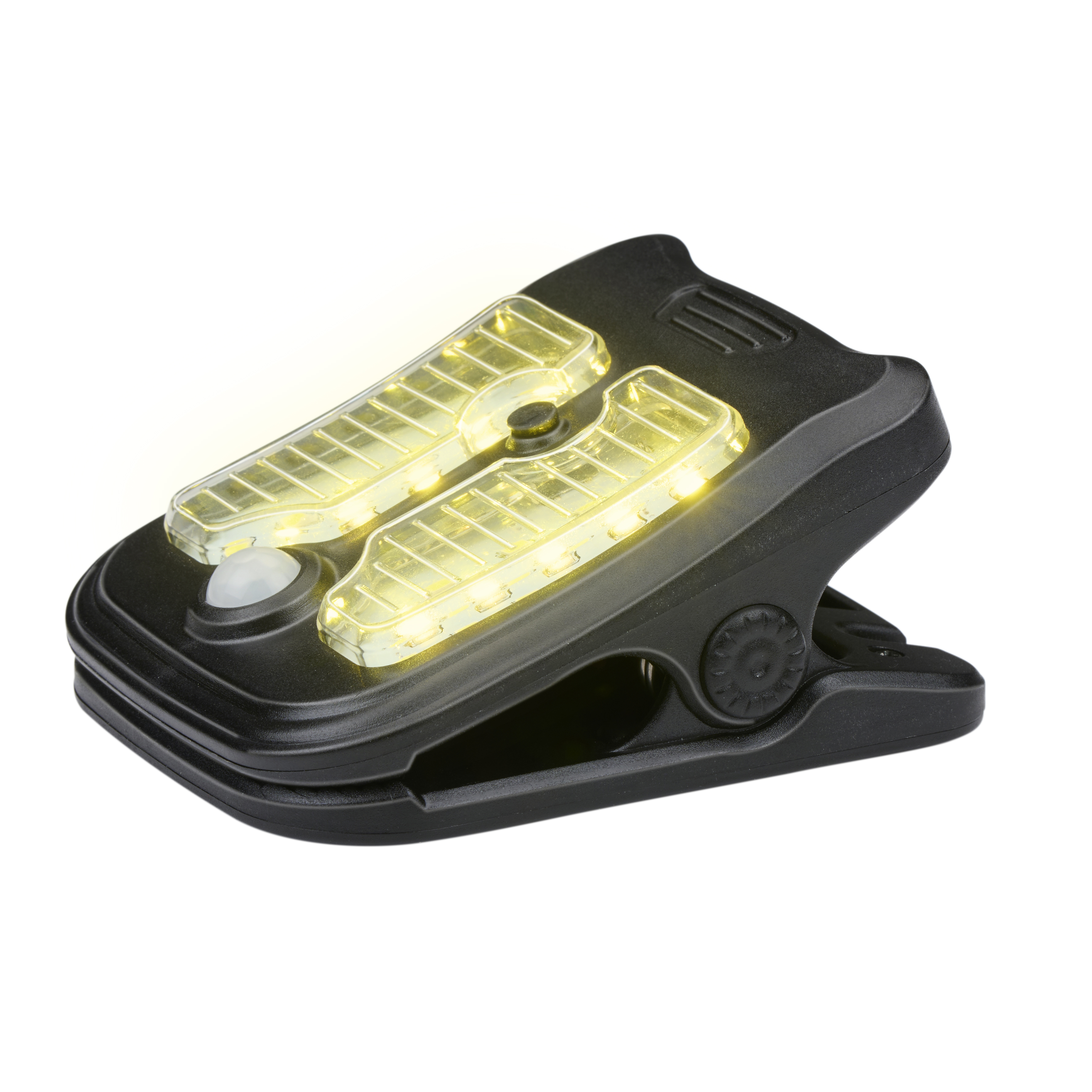 Black clip-on light with two yellow LED panels.