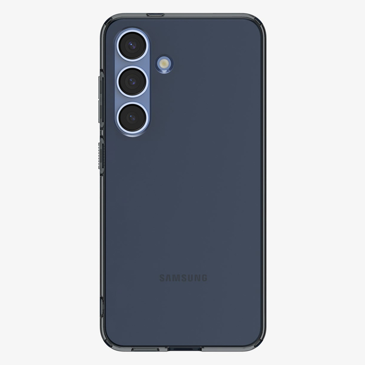L'arrière d'un téléphone bleu marine avec une coque transparente. Il a 3 caméras et un logo Samsung.